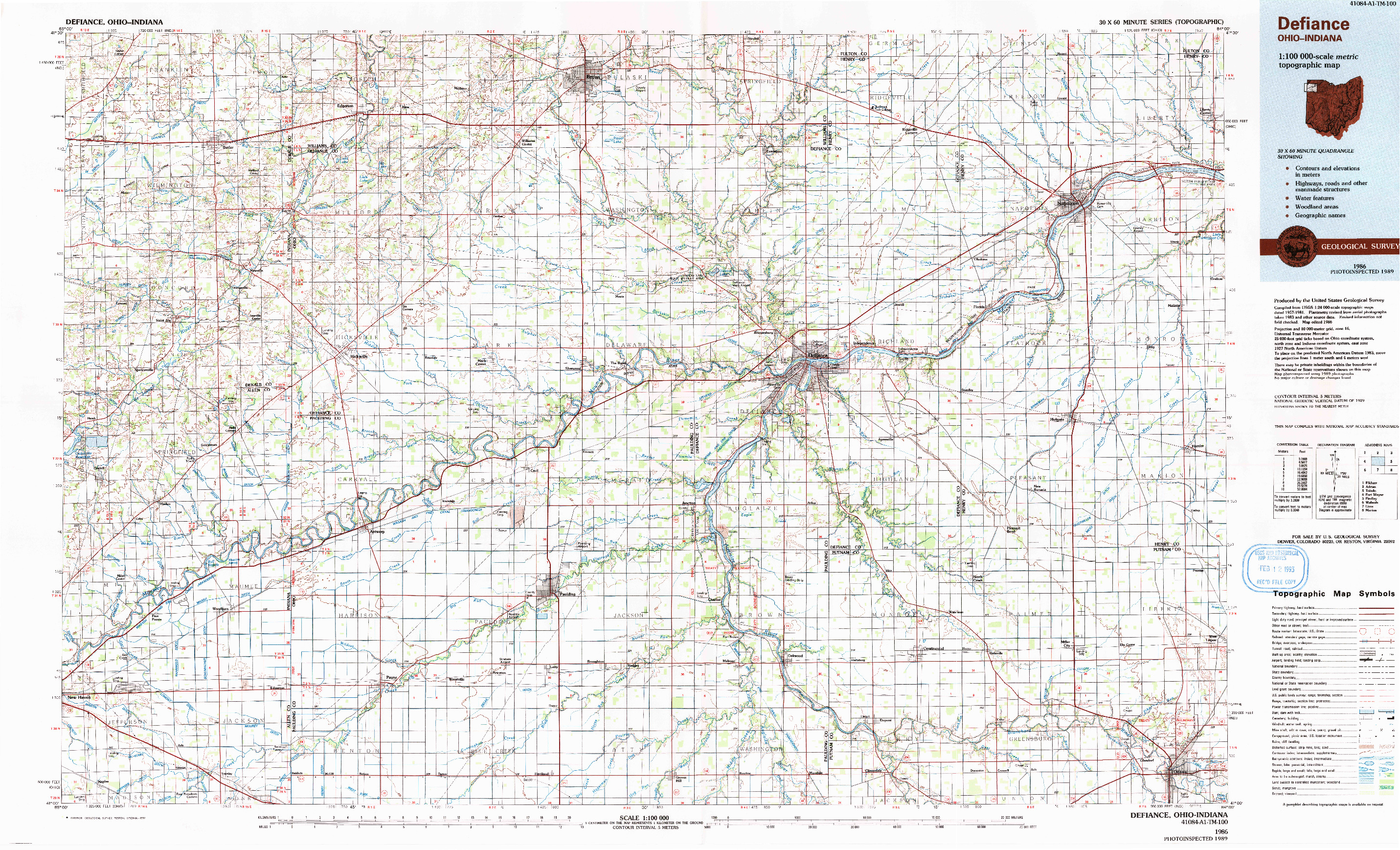 USGS 1:100000-SCALE QUADRANGLE FOR DEFIANCE, OH 1986