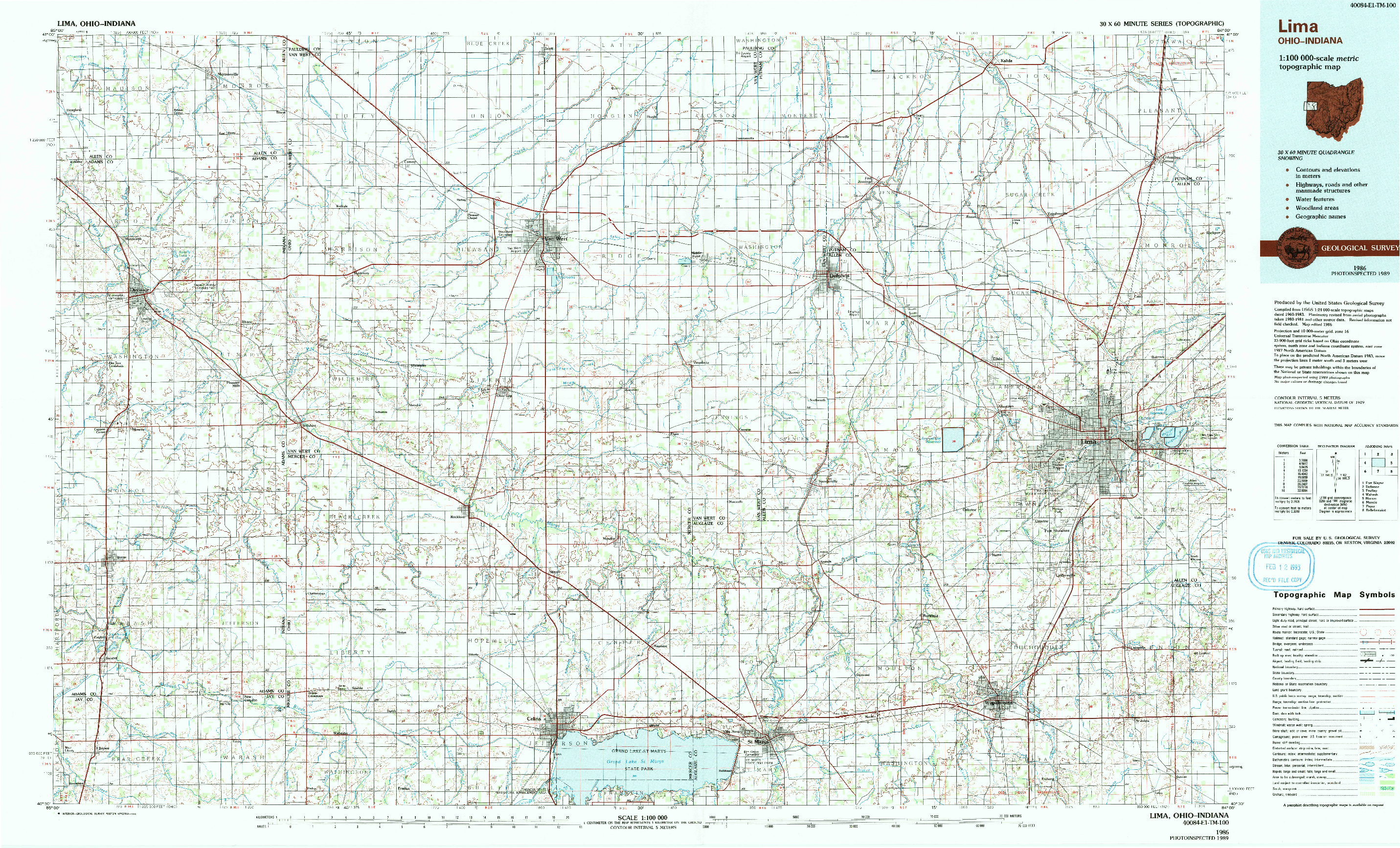 USGS 1:100000-SCALE QUADRANGLE FOR LIMA, OH 1986