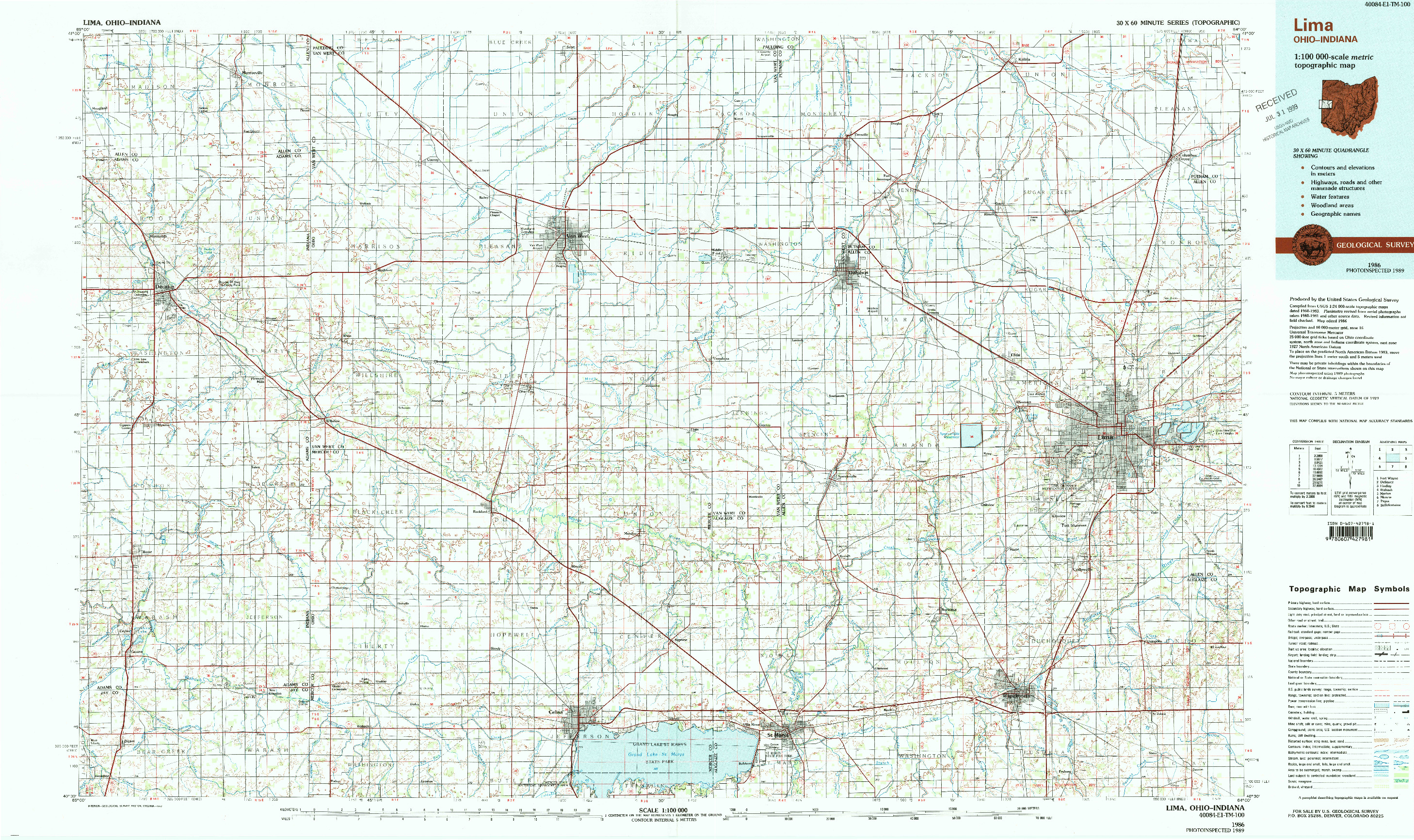 USGS 1:100000-SCALE QUADRANGLE FOR LIMA, OH 1986