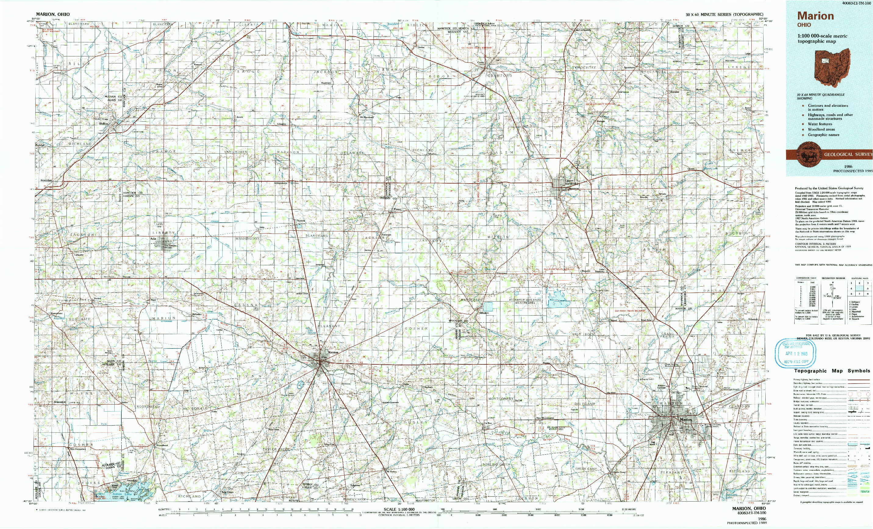 USGS 1:100000-SCALE QUADRANGLE FOR MARION, OH 1986