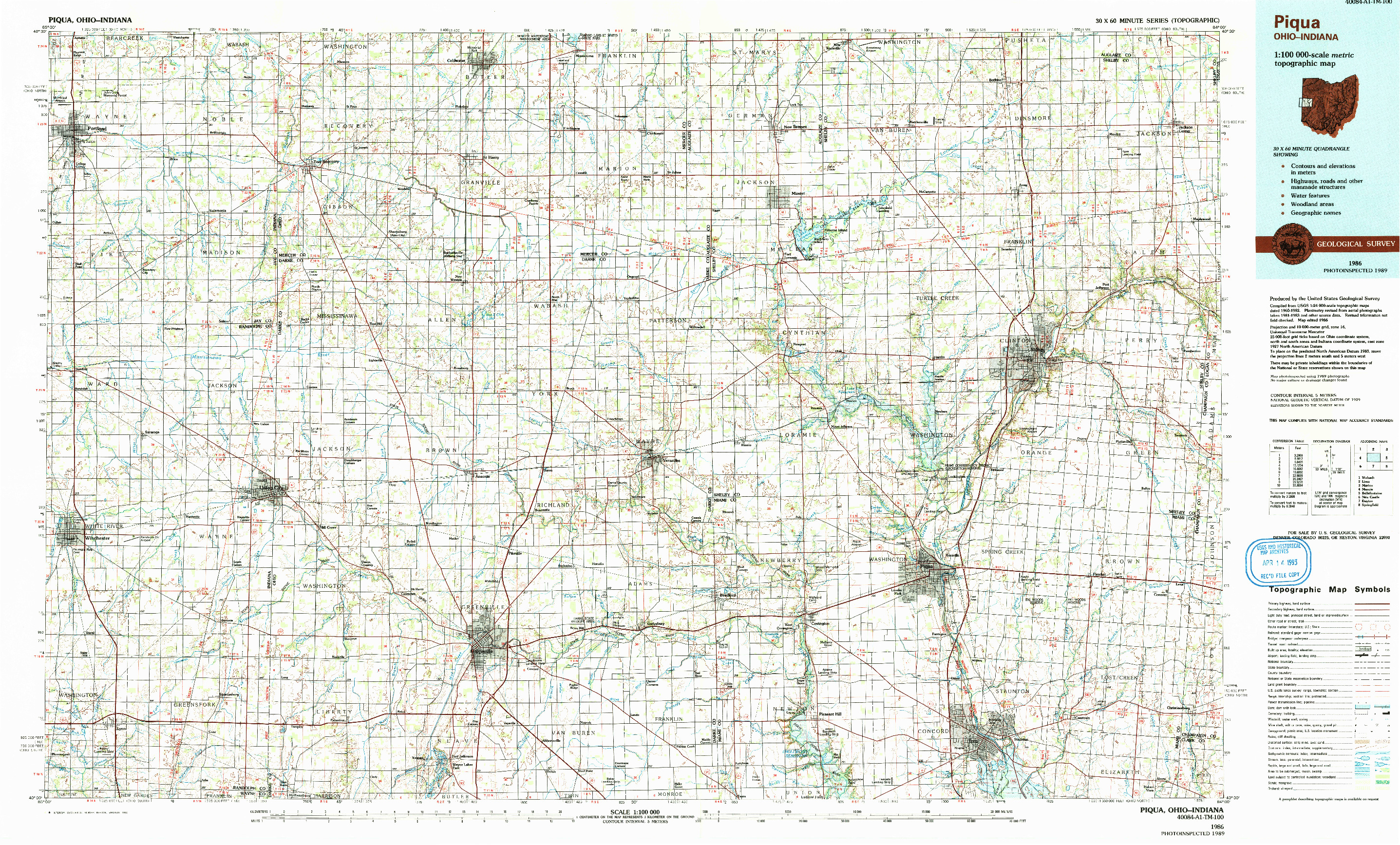 USGS 1:100000-SCALE QUADRANGLE FOR PIQUA, OH 1986
