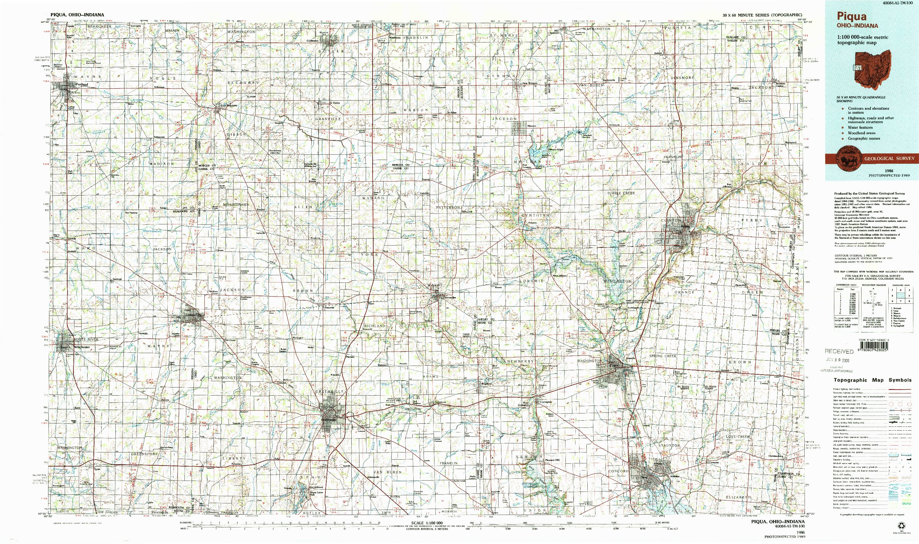 USGS 1:100000-SCALE QUADRANGLE FOR PIQUA, OH 1986