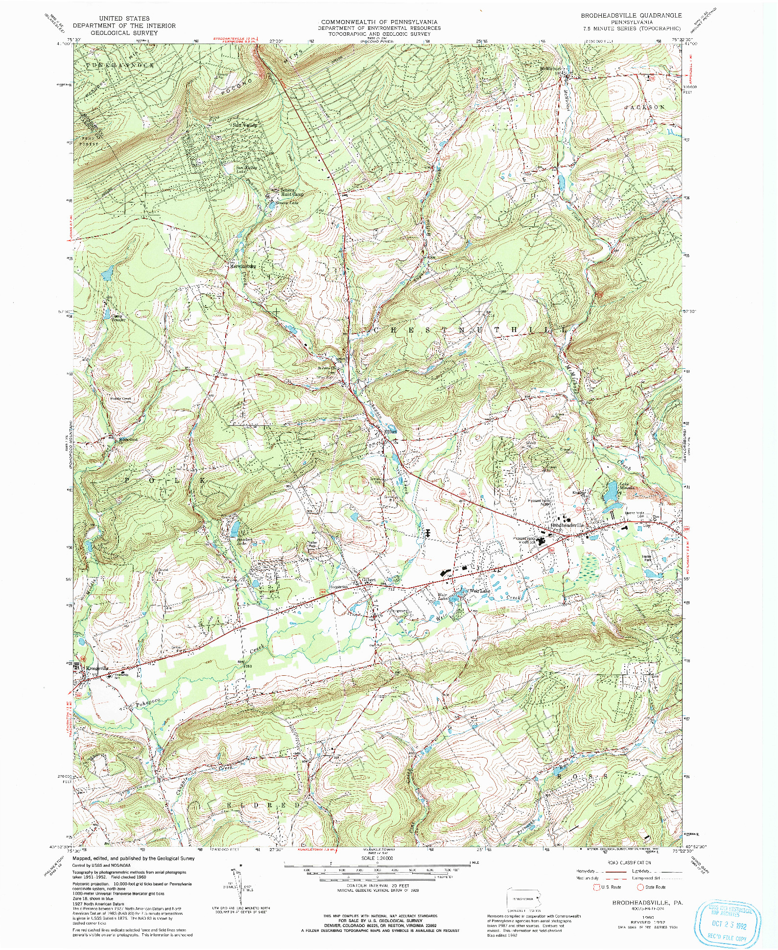 USGS 1:24000-SCALE QUADRANGLE FOR BRODHEADSVILLE, PA 1960