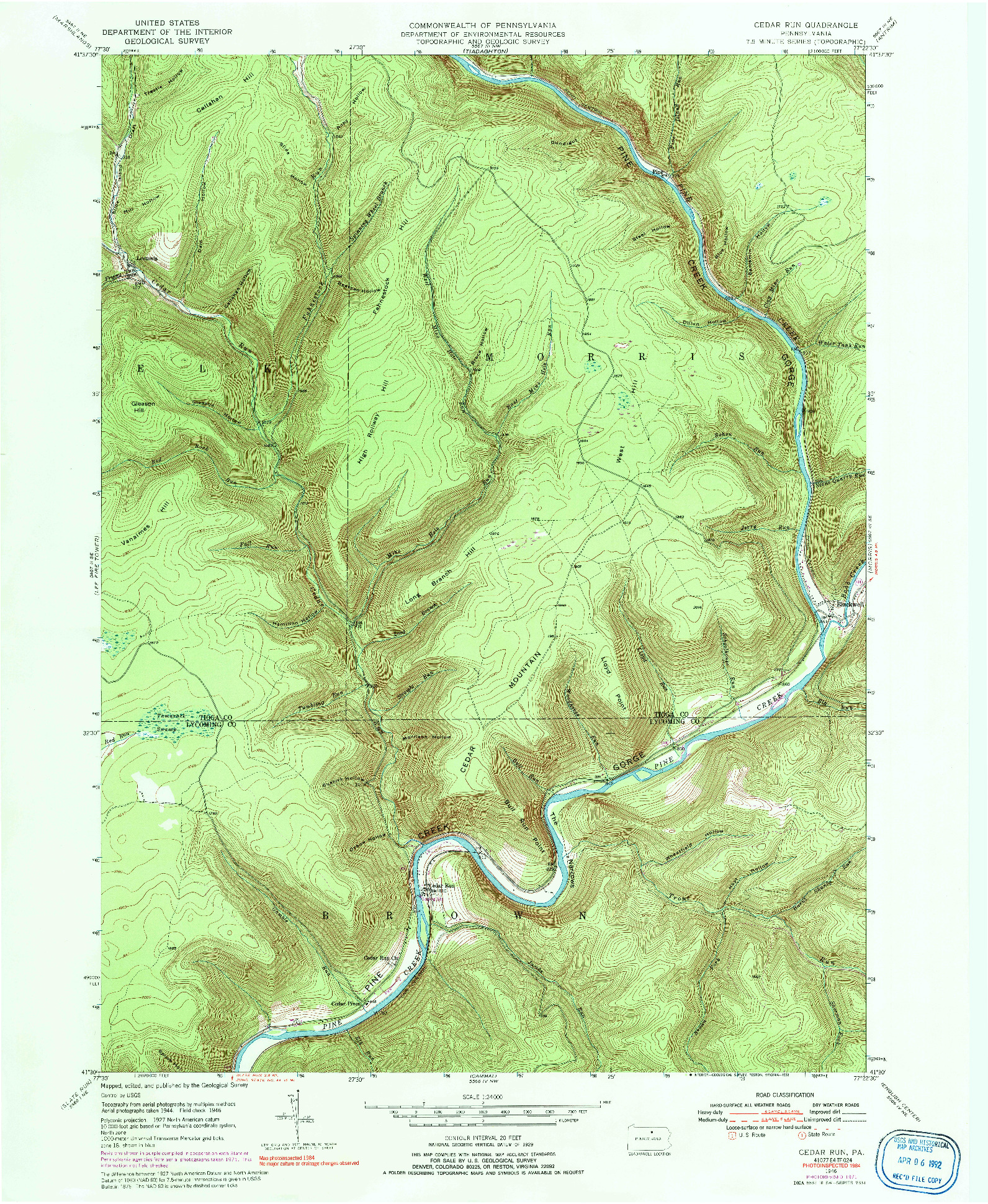 USGS 1:24000-SCALE QUADRANGLE FOR CEDAR RUN, PA 1946