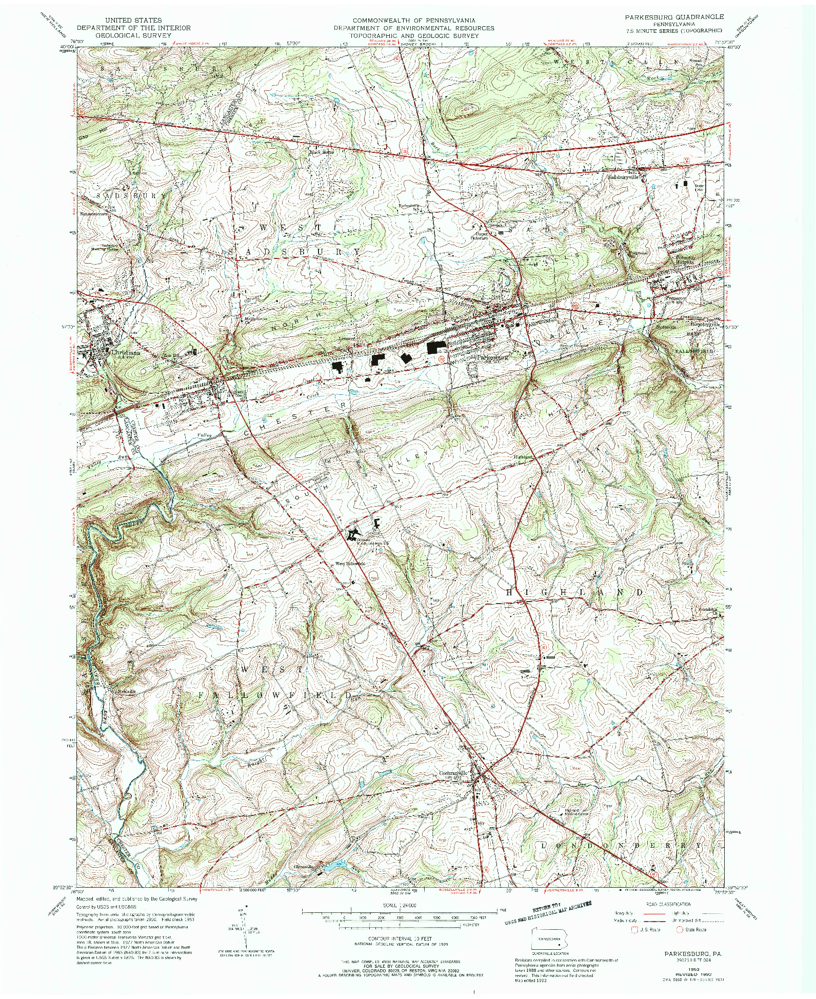 USGS 1:24000-SCALE QUADRANGLE FOR PARKESBURG, PA 1953