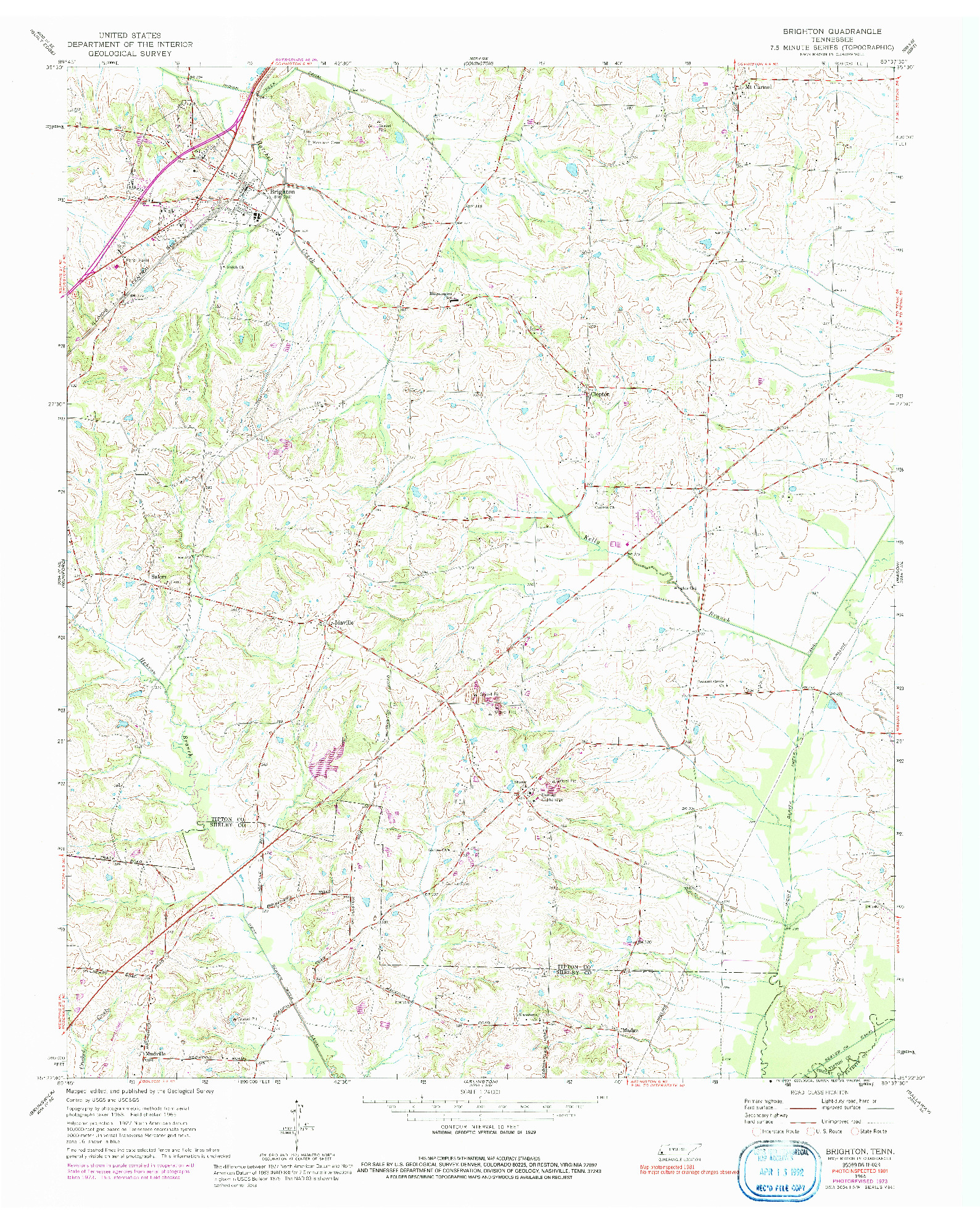 USGS 1:24000-SCALE QUADRANGLE FOR BRIGHTON, TN 1965