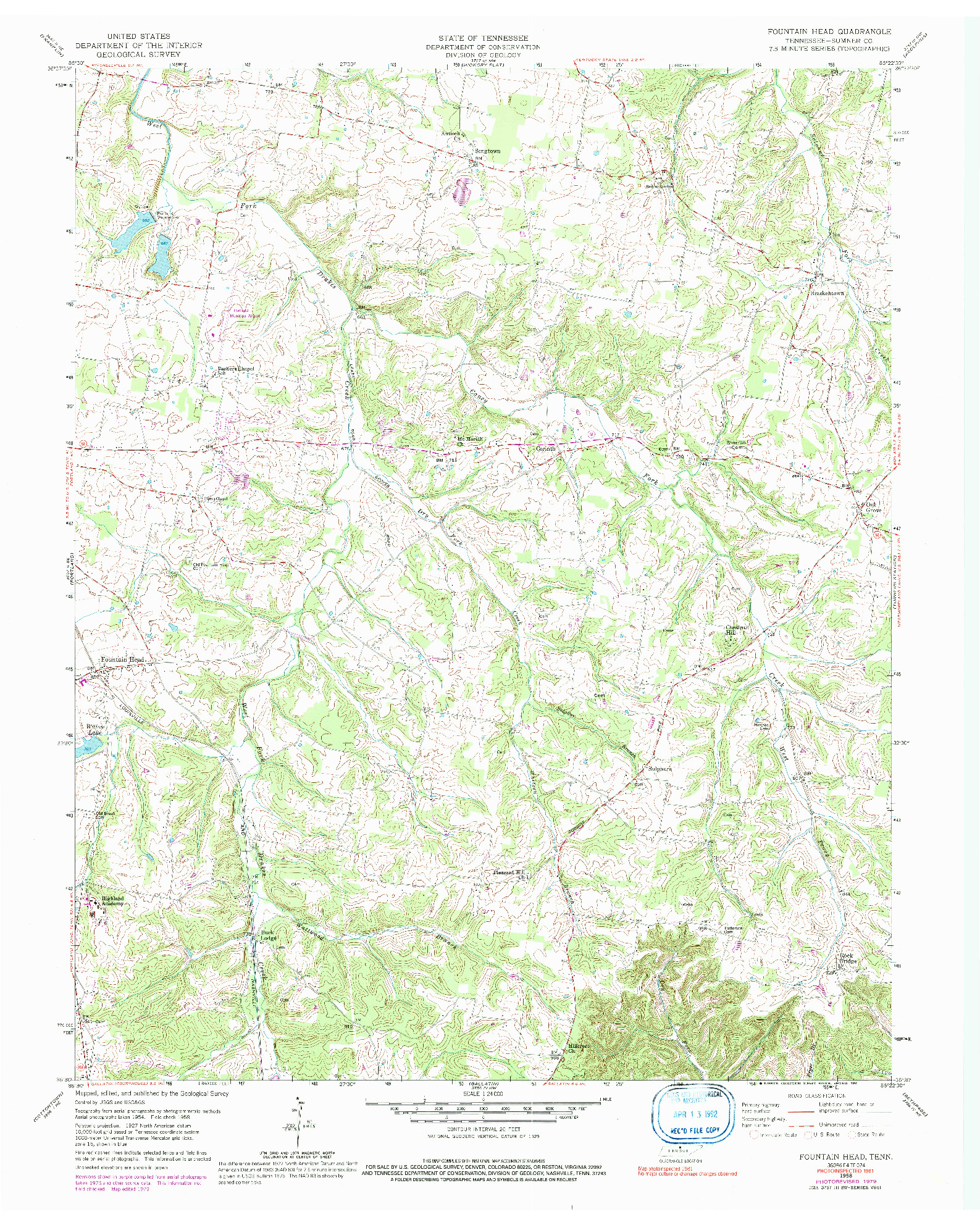 USGS 1:24000-SCALE QUADRANGLE FOR FOUNTAIN HEAD, TN 1958