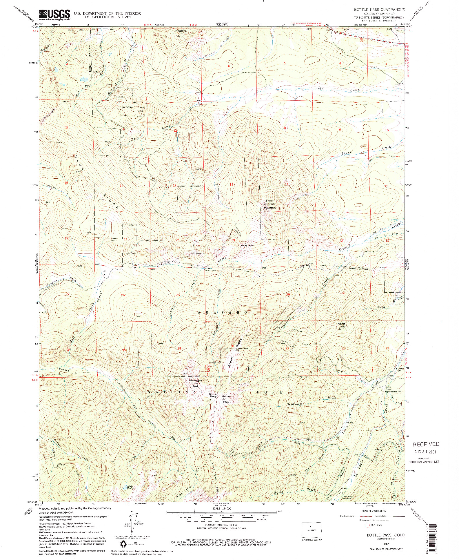 USGS 1:24000-SCALE QUADRANGLE FOR BOTTLE PASS, CO 1957