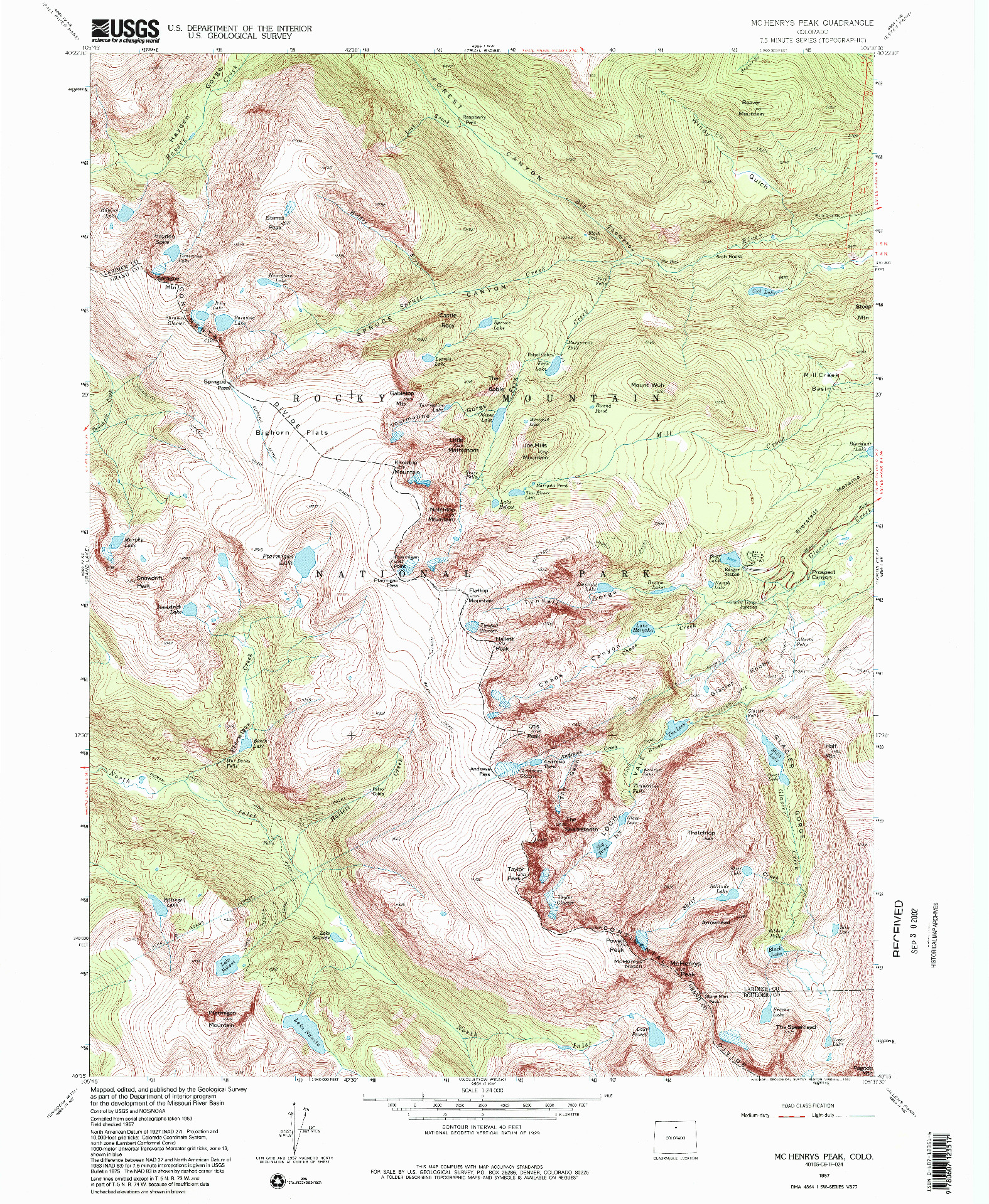 USGS 1:24000-SCALE QUADRANGLE FOR MC HENRYS PEAK, CO 1957