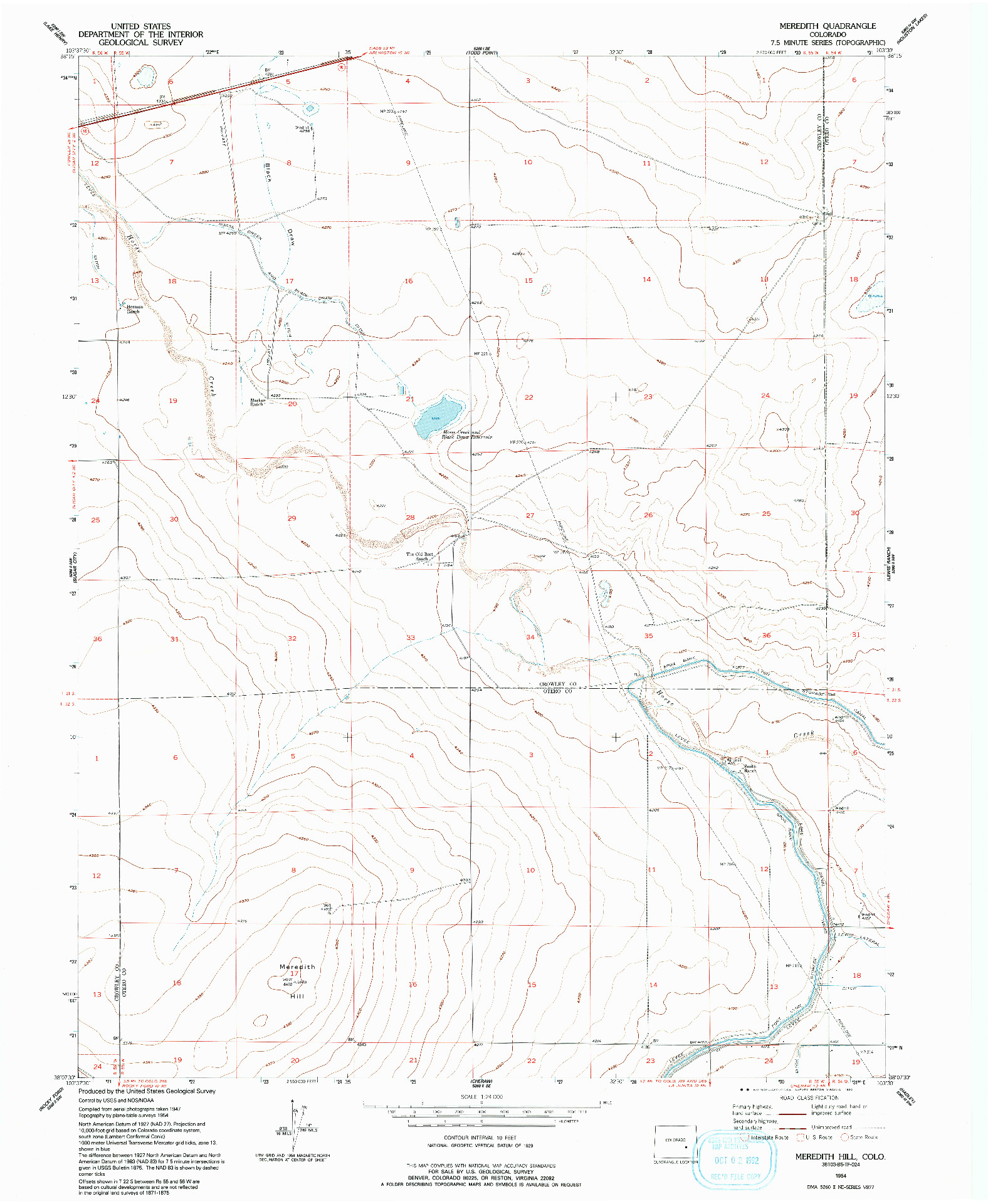 USGS 1:24000-SCALE QUADRANGLE FOR MEREDITH HILL, CO 1954