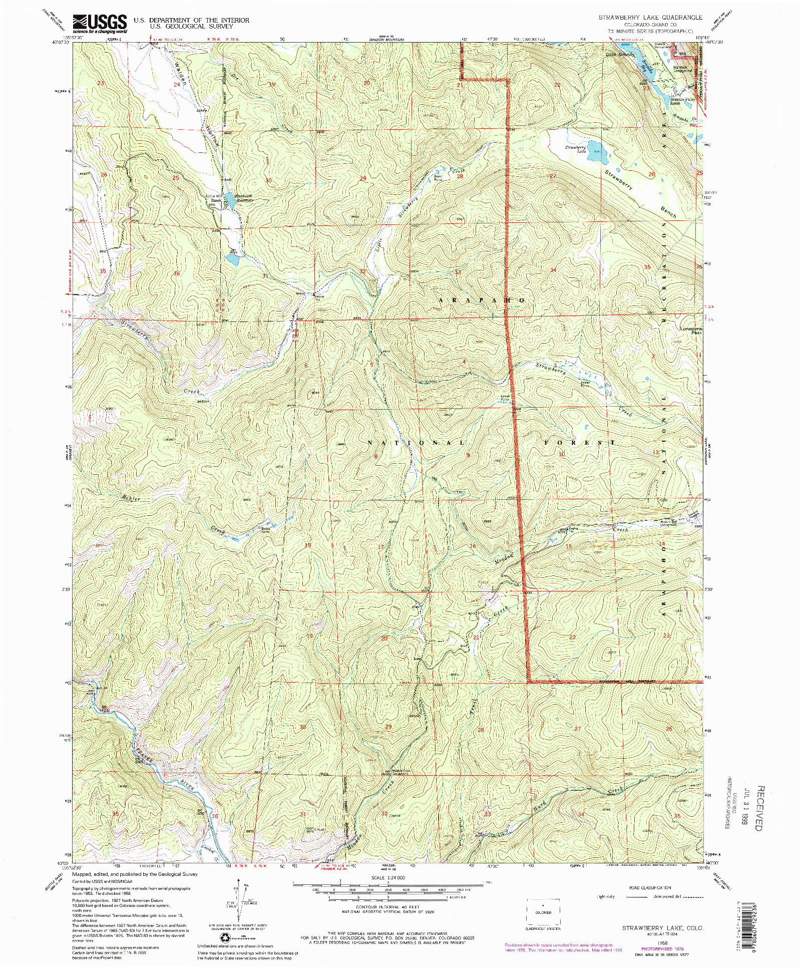 USGS 1:24000-SCALE QUADRANGLE FOR STRAWBERRY LAKE, CO 1958