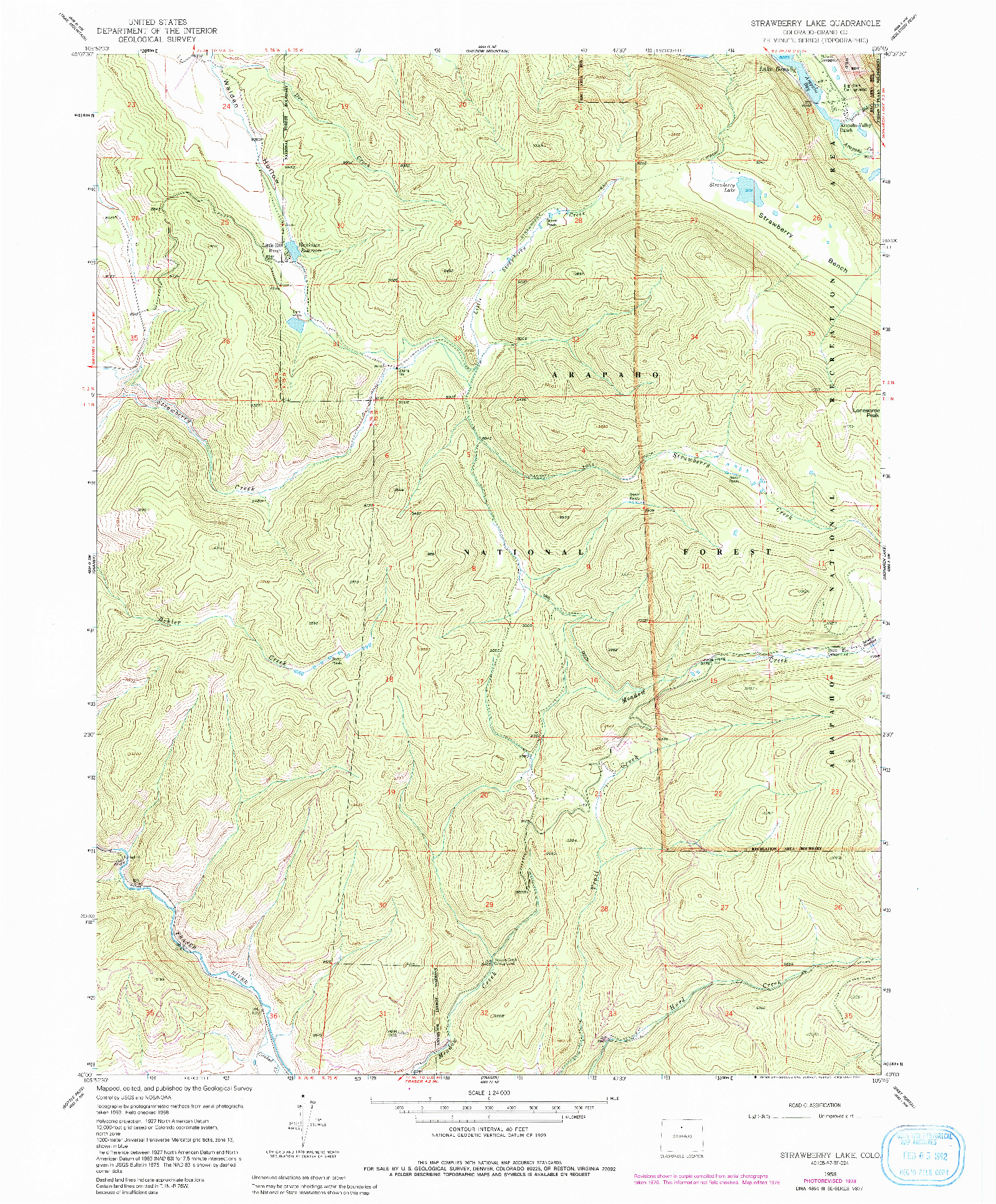 USGS 1:24000-SCALE QUADRANGLE FOR STRAWBERRY LAKE, CO 1958