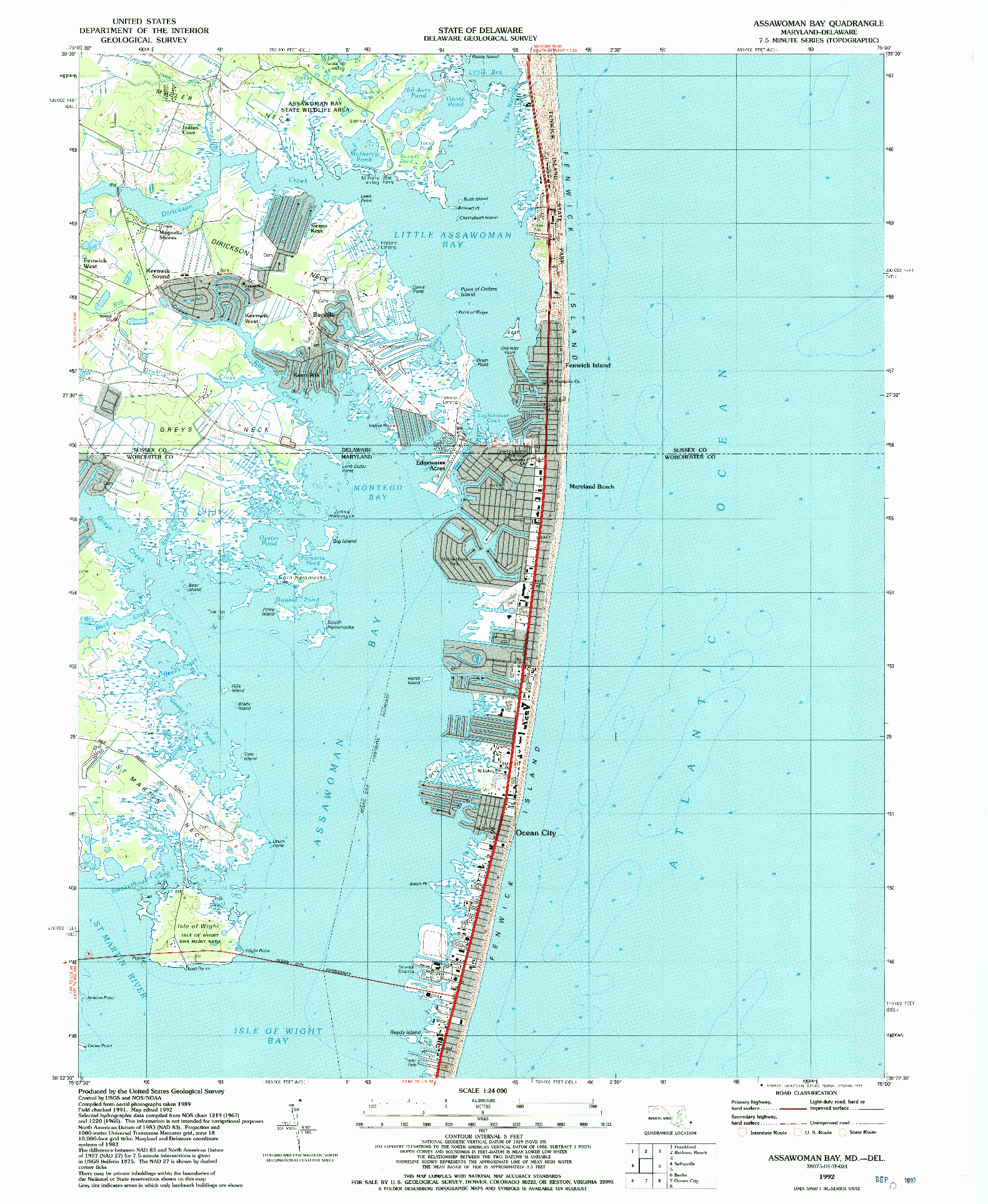 USGS 1:24000-SCALE QUADRANGLE FOR ASSAWOMAN BAY, MD 1992
