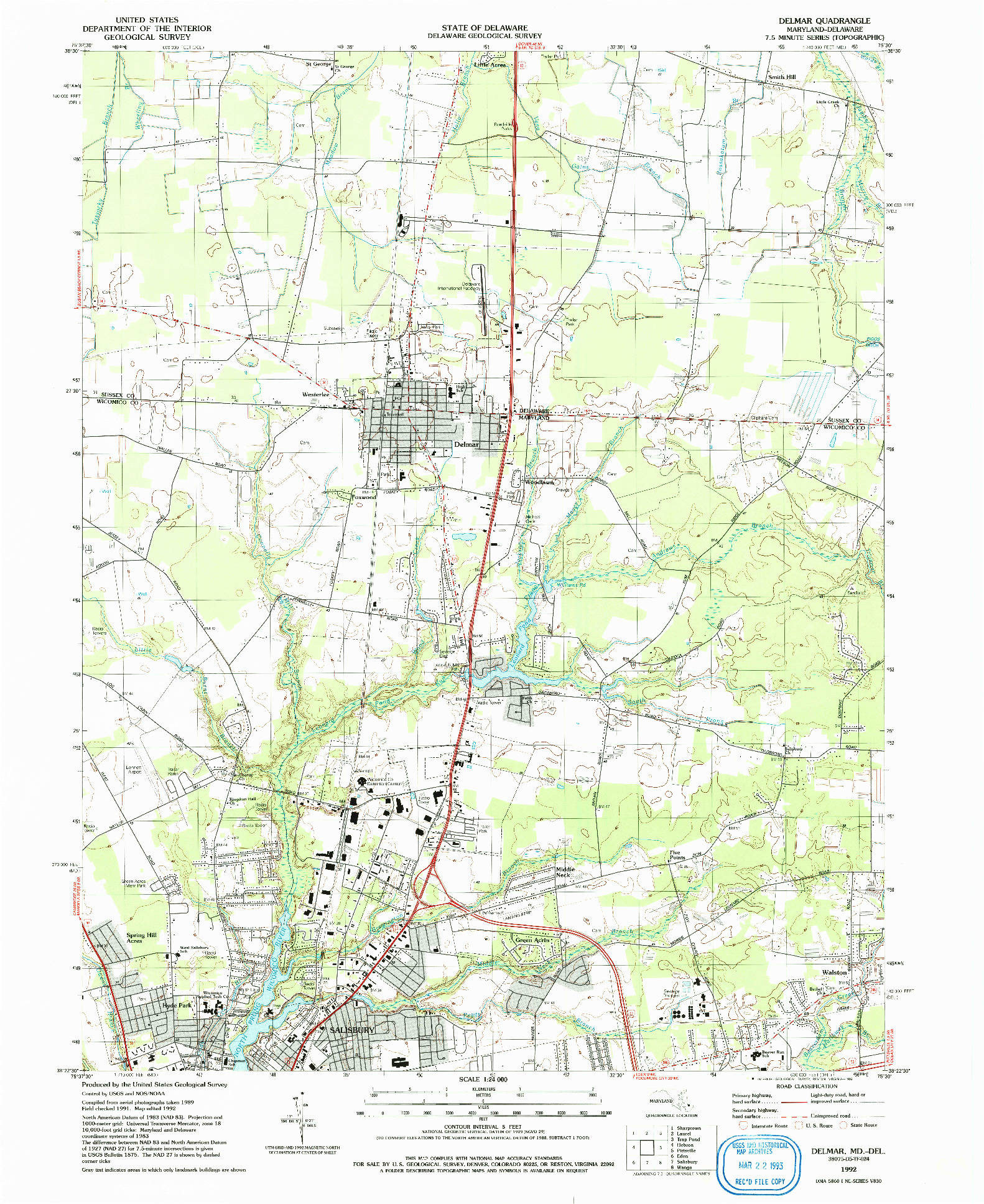 USGS 1:24000-SCALE QUADRANGLE FOR DELMAR, MD 1992