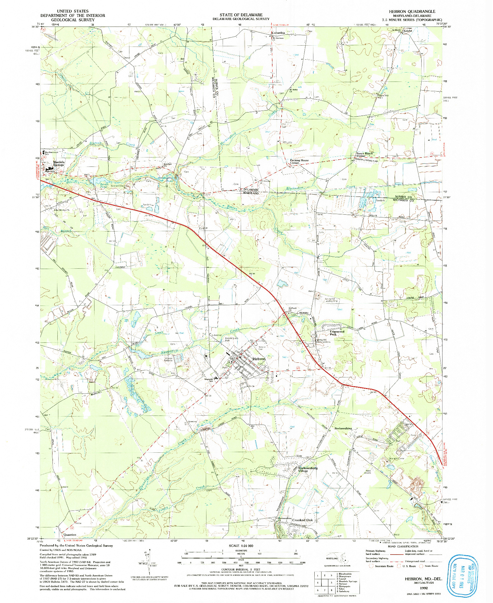 USGS 1:24000-SCALE QUADRANGLE FOR HEBRON, MD 1992