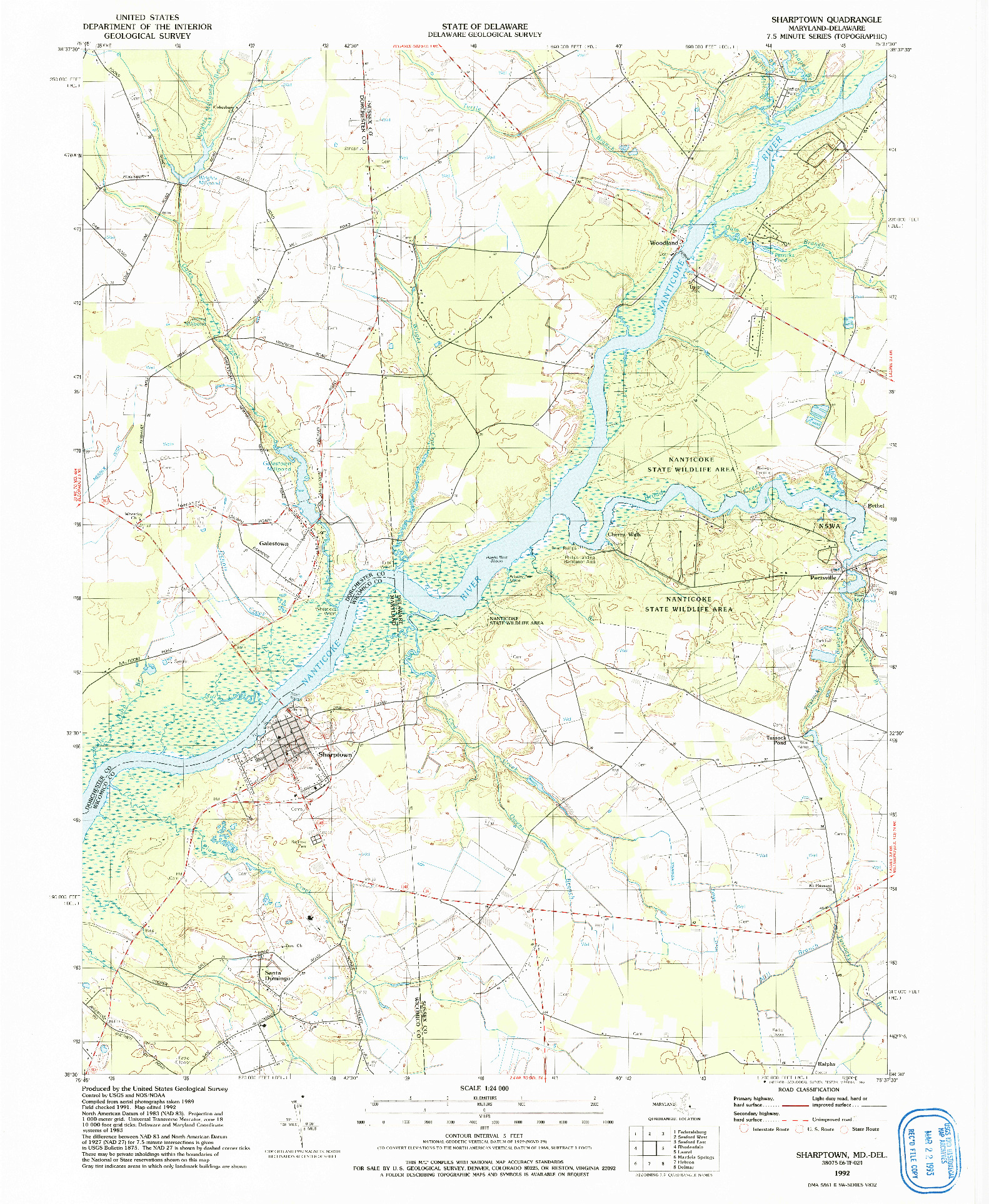 USGS 1:24000-SCALE QUADRANGLE FOR SHARPTOWN, MD 1992