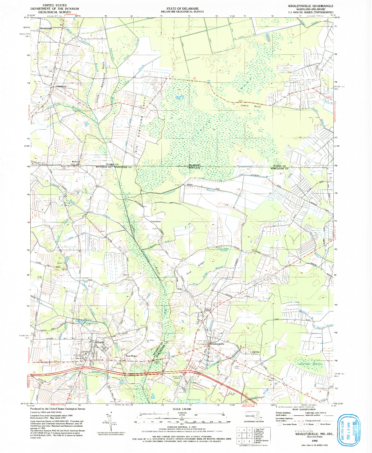 USGS 1:24000-SCALE QUADRANGLE FOR WHALEYSVILLE, MD 1992