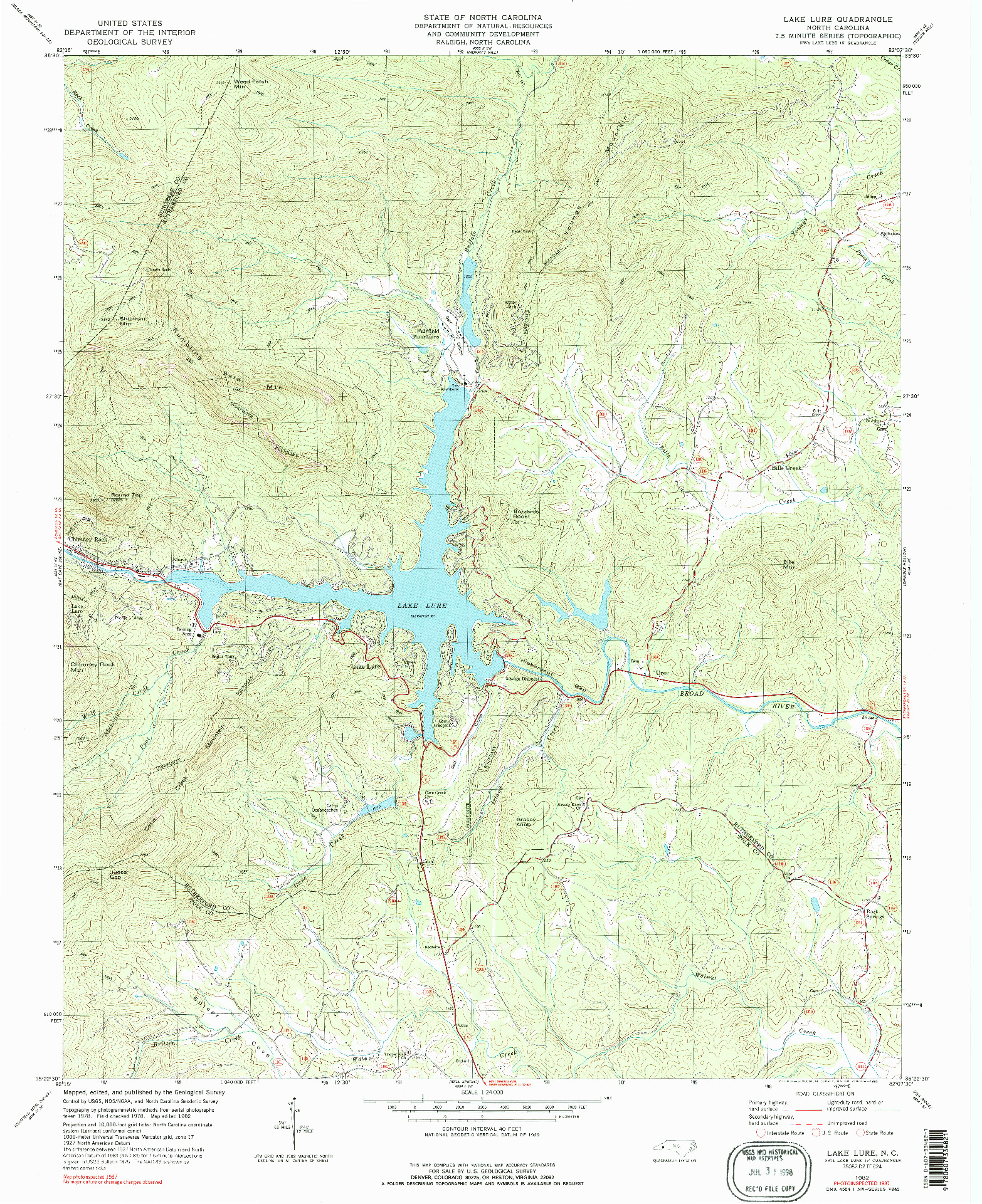 USGS 1:24000-SCALE QUADRANGLE FOR LAKE LURE, NC 1982