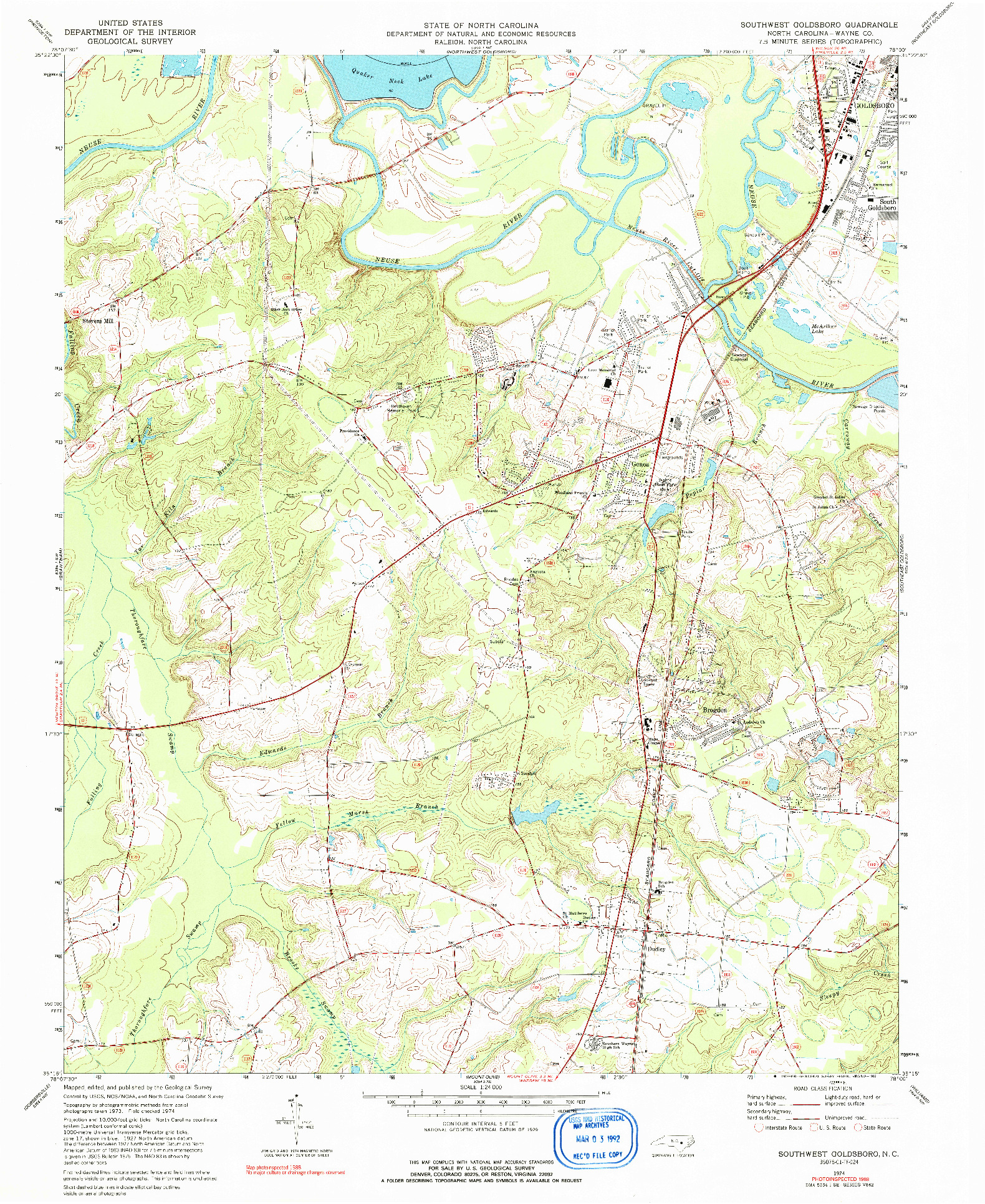 USGS 1:24000-SCALE QUADRANGLE FOR SOUTHWEST GOLDSBORO, NC 1974