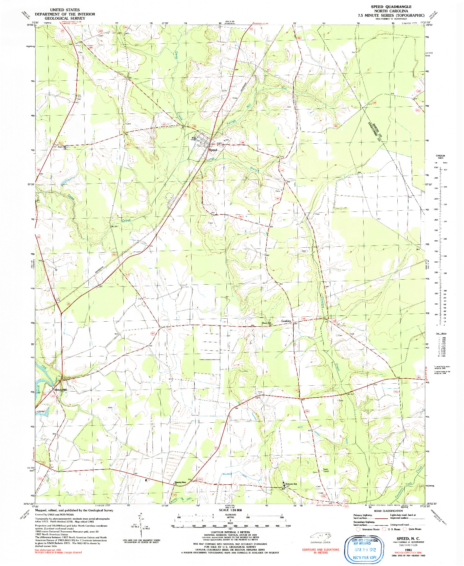 USGS 1:24000-SCALE QUADRANGLE FOR SPEED, NC 1981