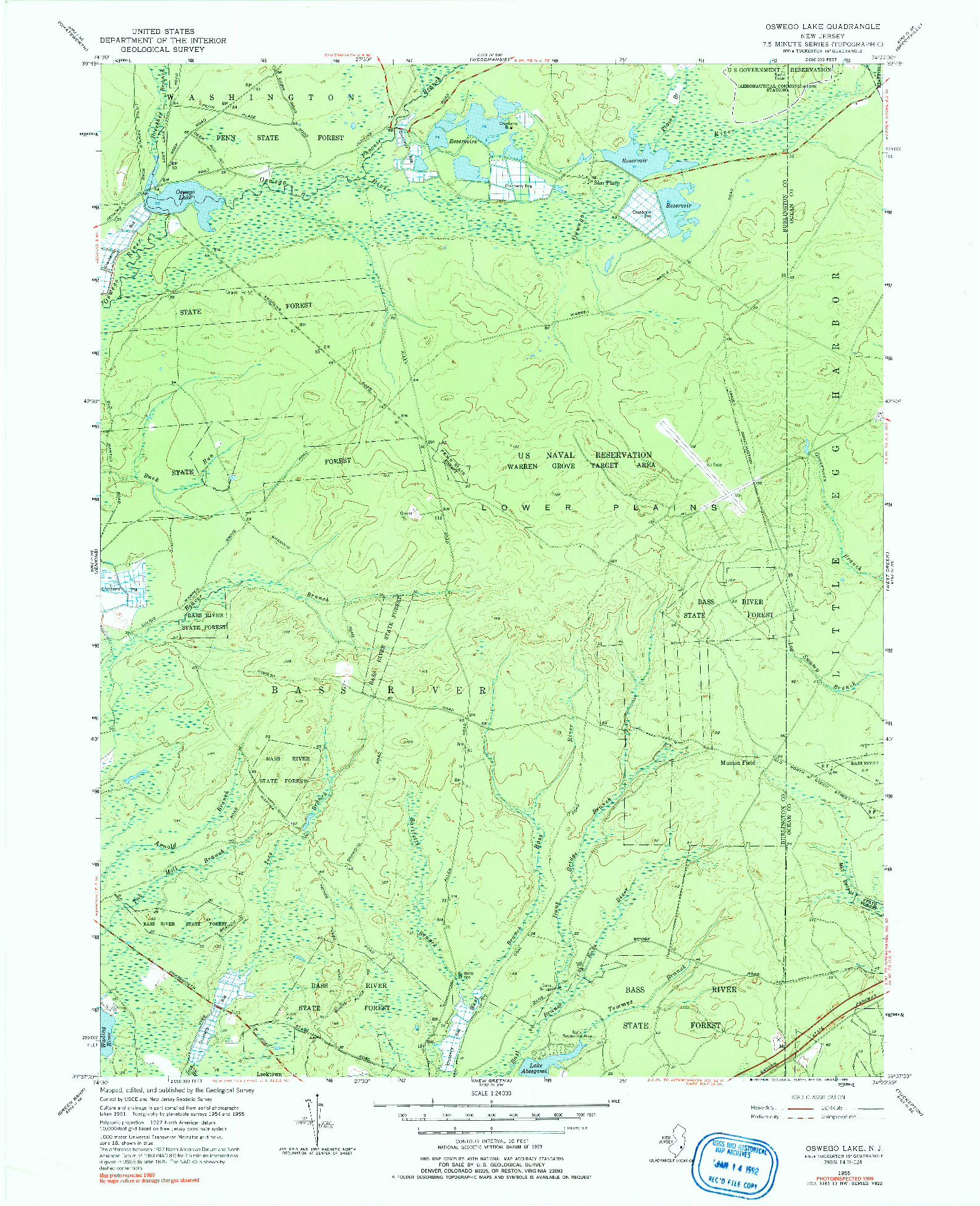 USGS 1:24000-SCALE QUADRANGLE FOR OSWEGO LAKE, NJ 1955