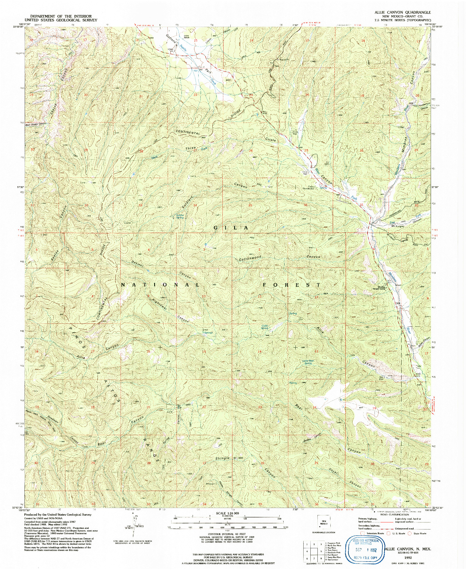 USGS 1:24000-SCALE QUADRANGLE FOR ALLIE CANYON, NM 1992