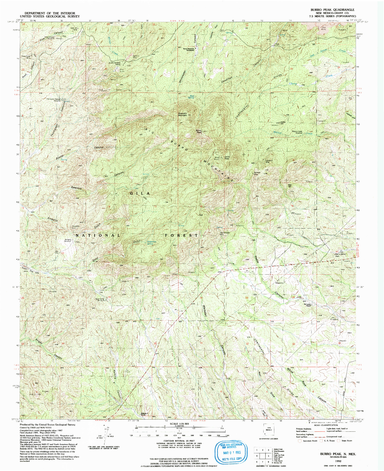 USGS 1:24000-SCALE QUADRANGLE FOR BURRO PEAK, NM 1992