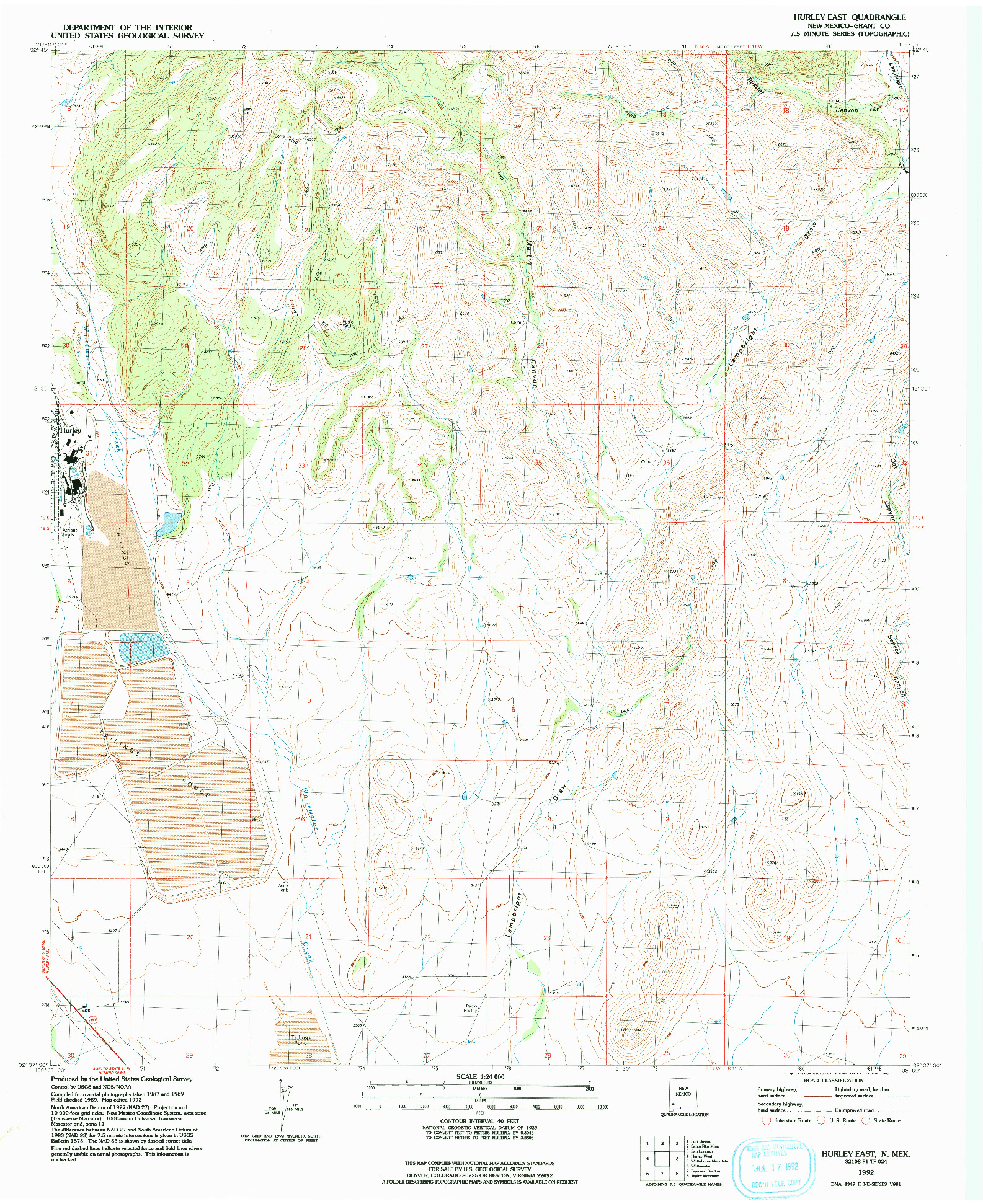 USGS 1:24000-SCALE QUADRANGLE FOR HURLEY EAST, NM 1992