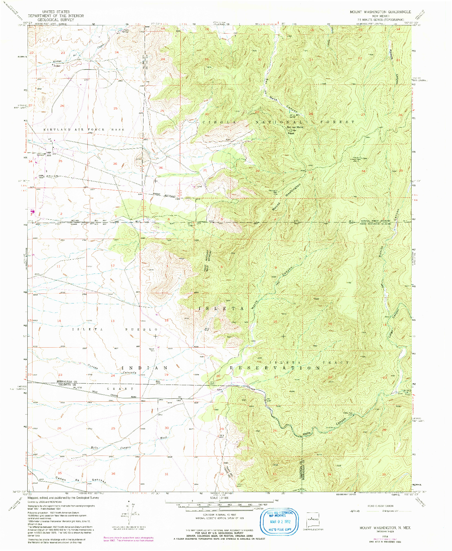 USGS 1:24000-SCALE QUADRANGLE FOR MOUNT WASHINGTON, NM 1954