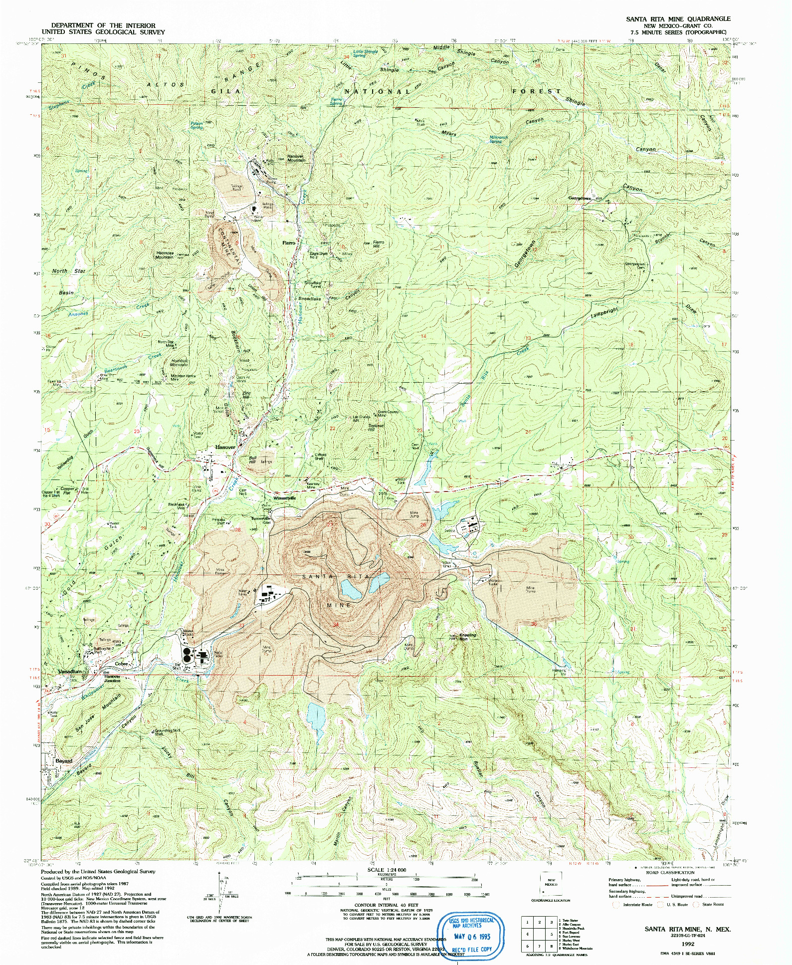 USGS 1:24000-SCALE QUADRANGLE FOR SANTA RITA MINE, NM 1992