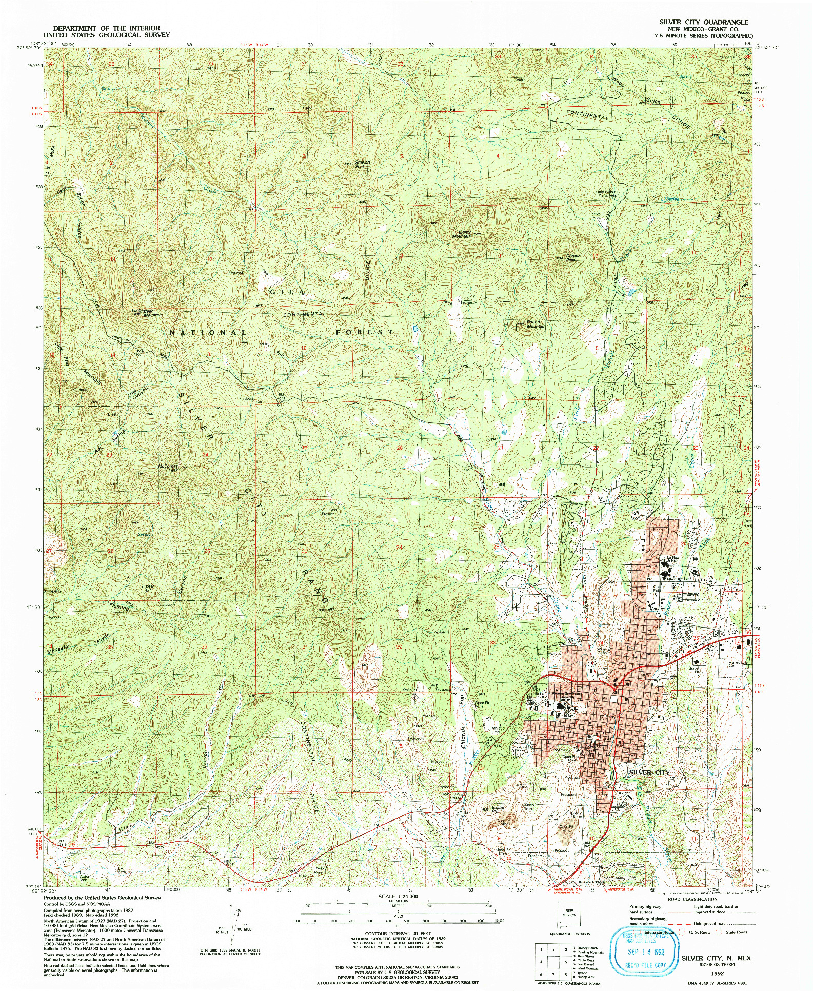 USGS 1:24000-SCALE QUADRANGLE FOR SILVER CITY, NM 1992