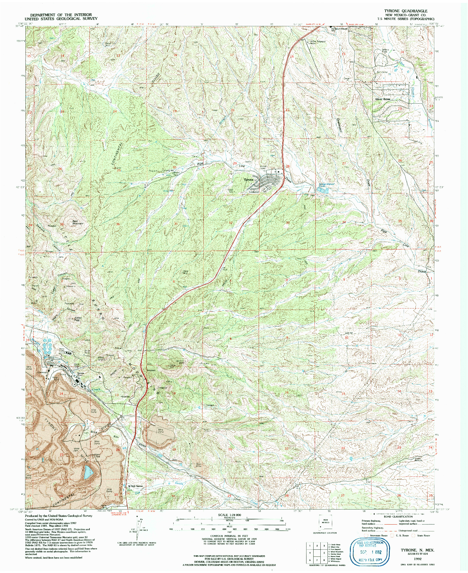 USGS 1:24000-SCALE QUADRANGLE FOR TYRONE, NM 1992