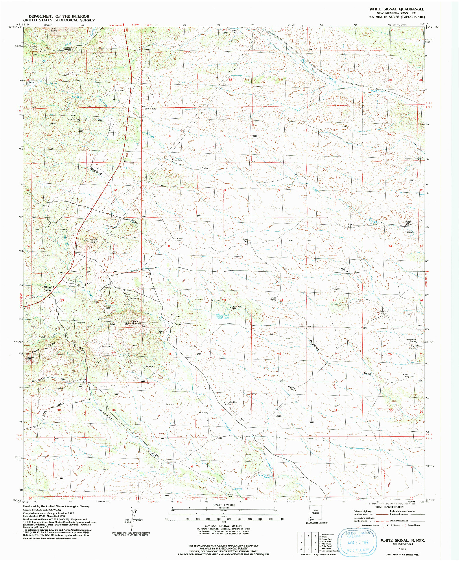 USGS 1:24000-SCALE QUADRANGLE FOR WHITE SIGNAL, NM 1992