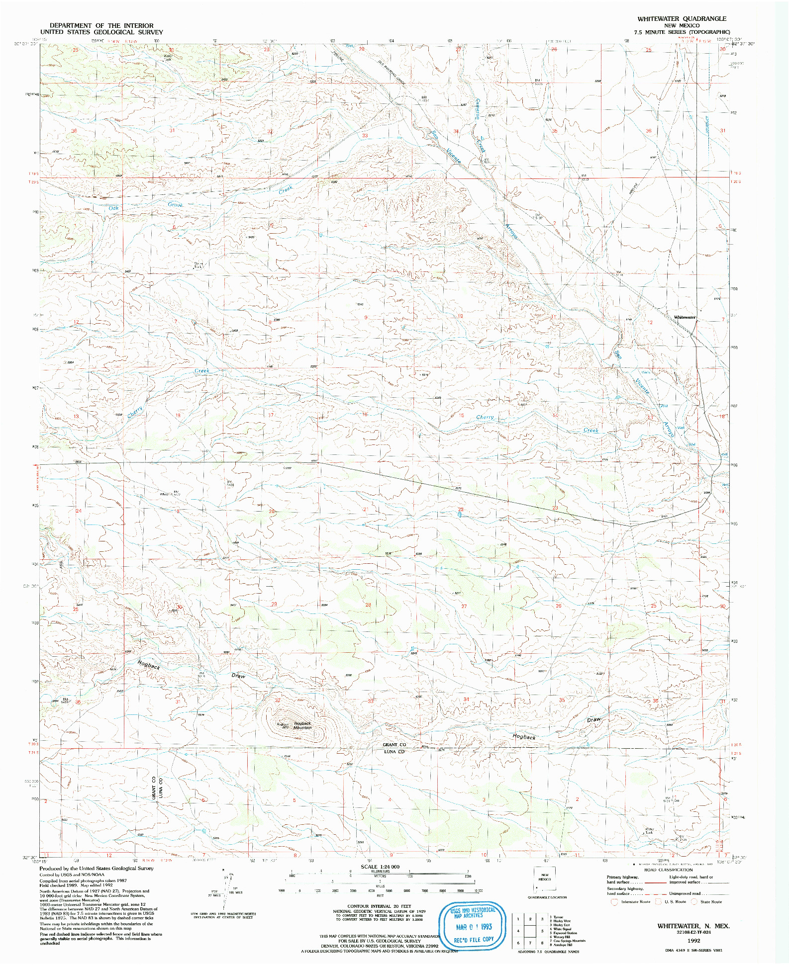 USGS 1:24000-SCALE QUADRANGLE FOR WHITEWATER, NM 1992