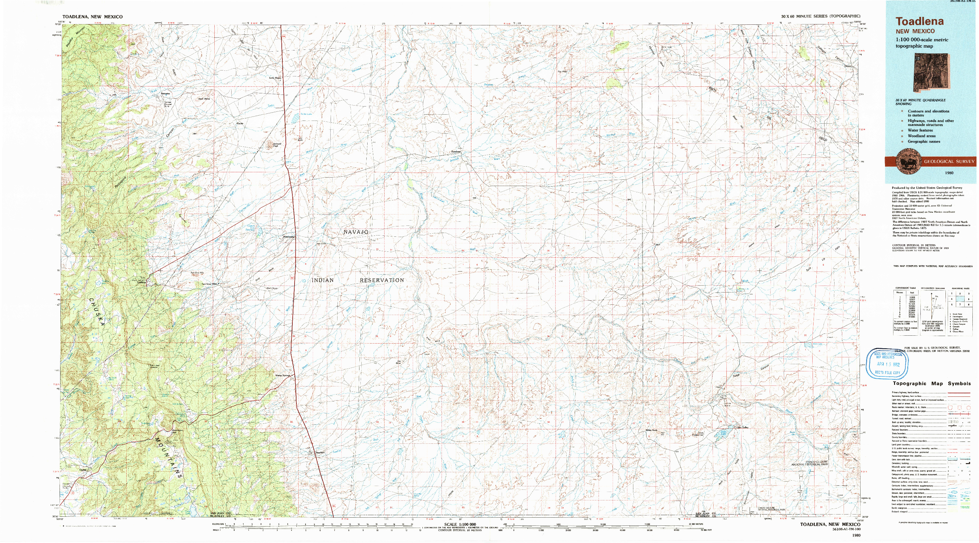 USGS 1:100000-SCALE QUADRANGLE FOR TOADLENA, NM 1980