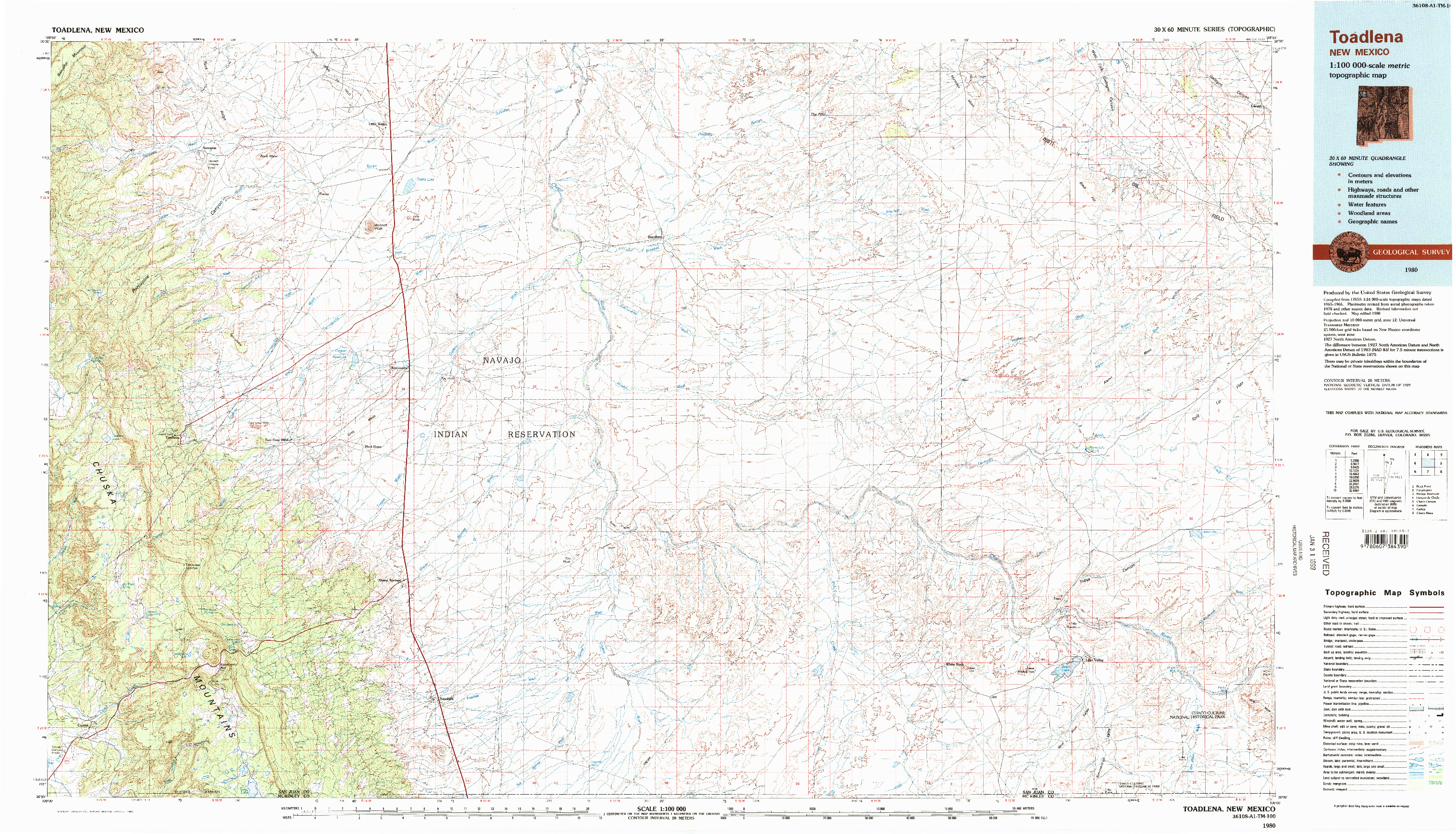 USGS 1:100000-SCALE QUADRANGLE FOR TOADLENA, NM 1980
