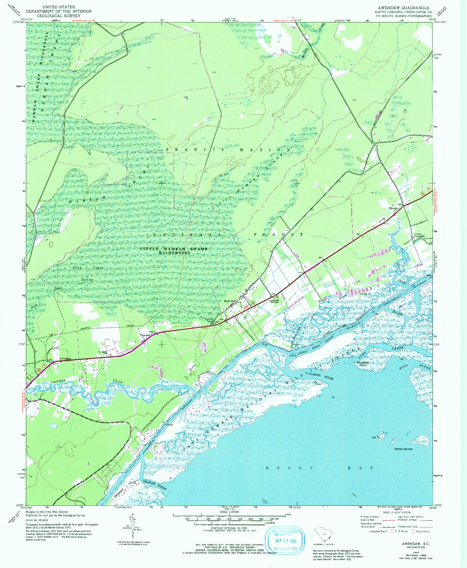 USGS 1:24000-SCALE QUADRANGLE FOR AWENDAW, SC 1943