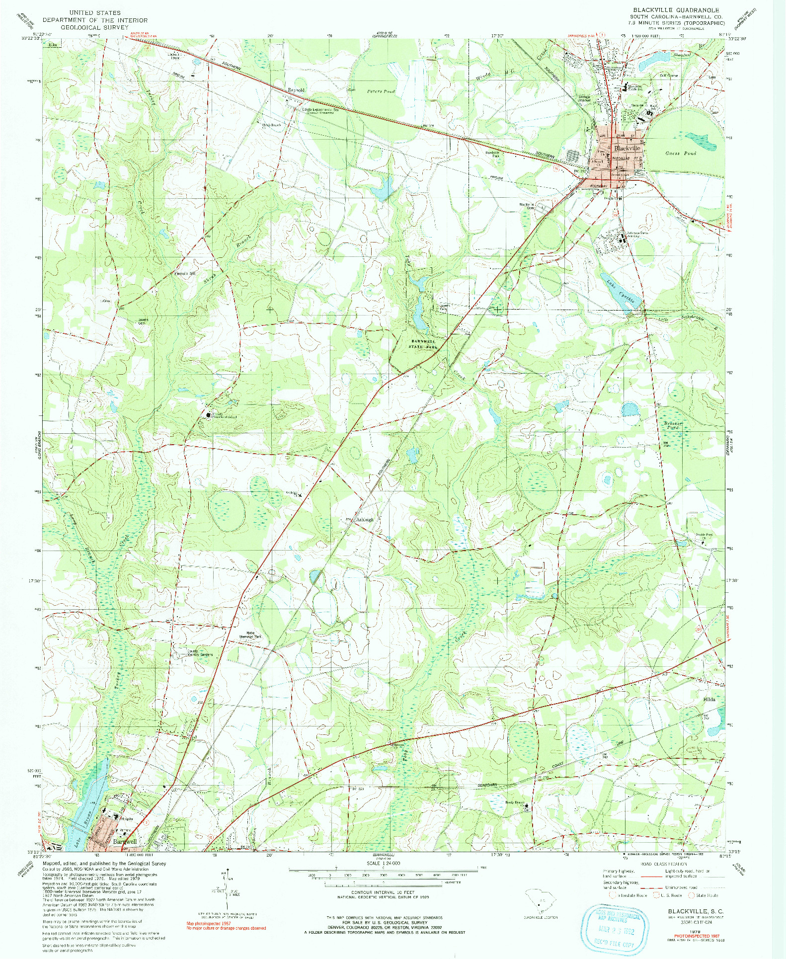 USGS 1:24000-SCALE QUADRANGLE FOR BLACKVILLE, SC 1979