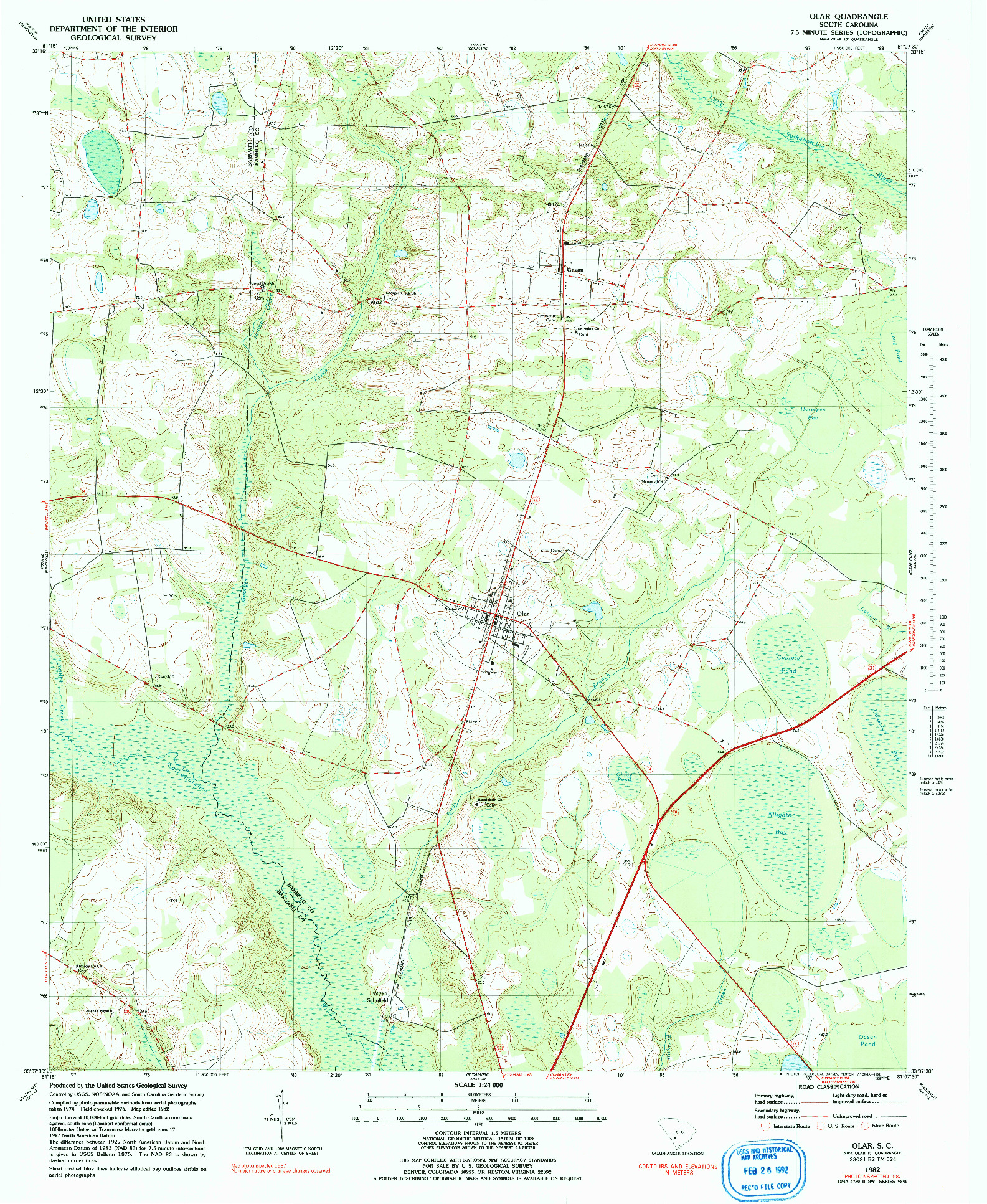 USGS 1:24000-SCALE QUADRANGLE FOR OLAR, SC 1982