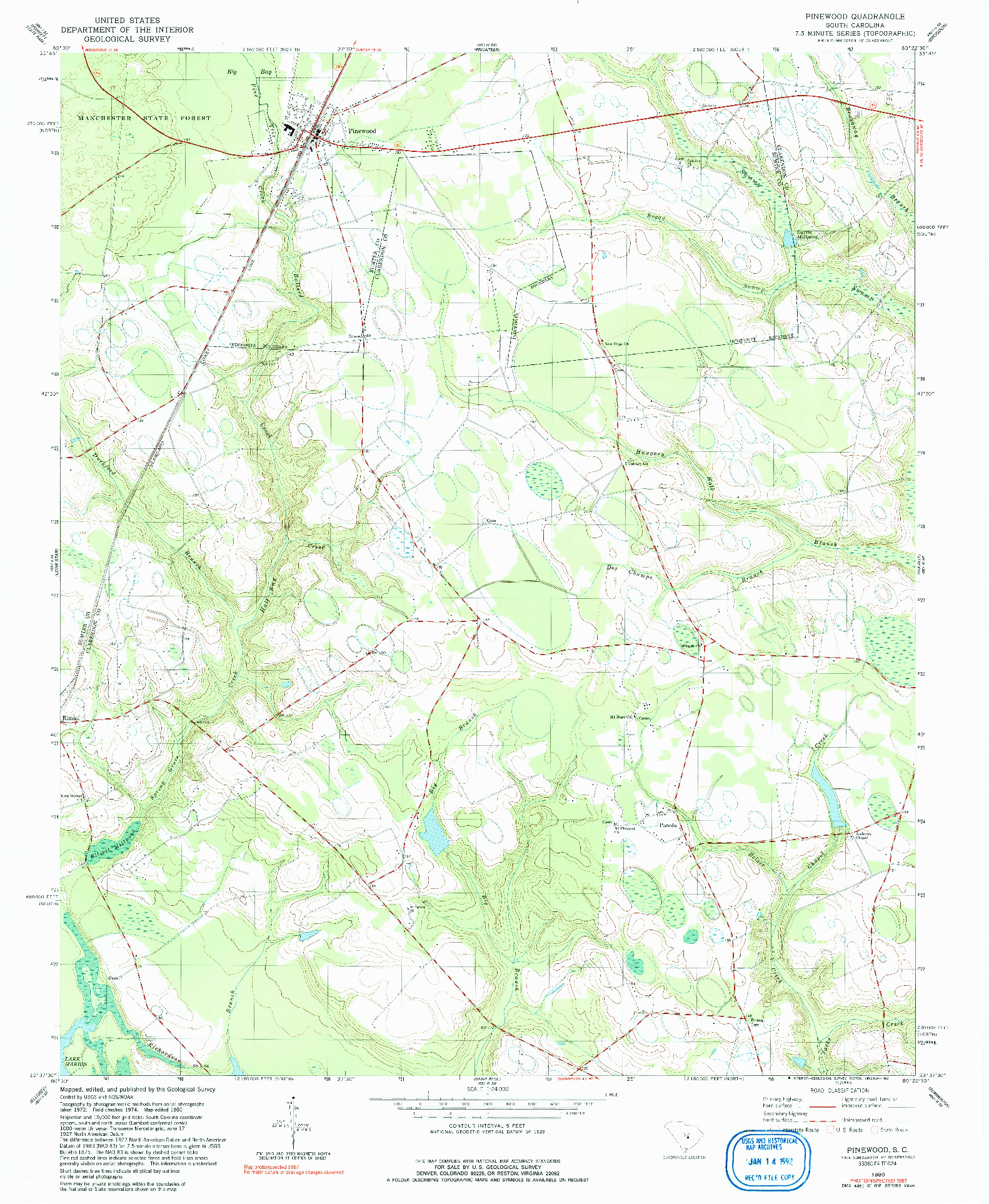 USGS 1:24000-SCALE QUADRANGLE FOR PINEWOOD, SC 1980