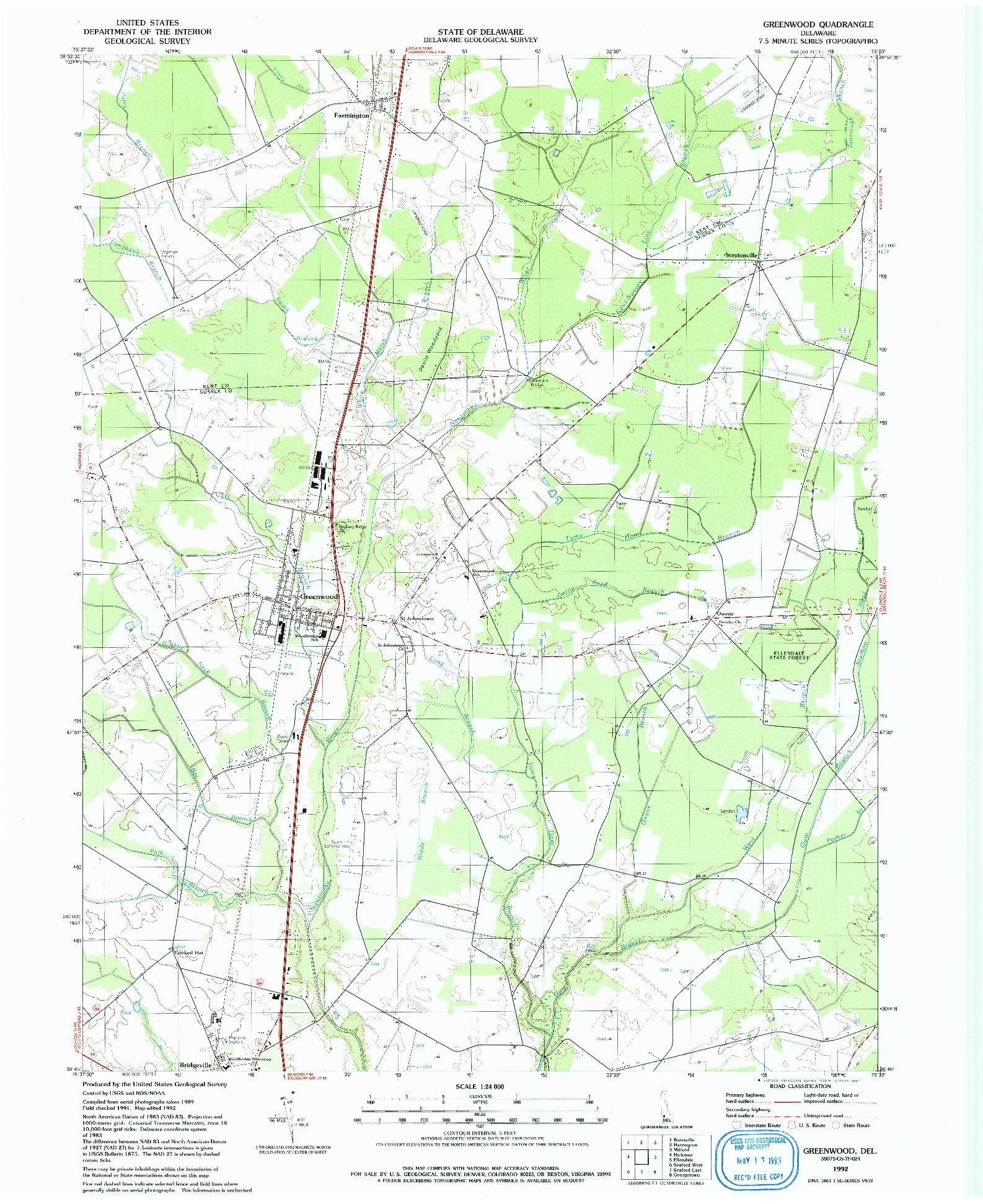 USGS 1:24000-SCALE QUADRANGLE FOR GREENWOOD, DE 1992