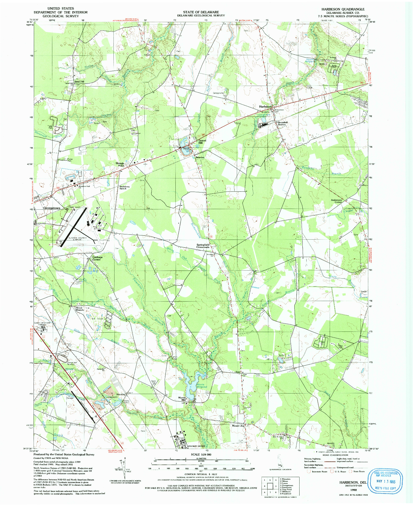 USGS 1:24000-SCALE QUADRANGLE FOR HARBESON, DE 1992