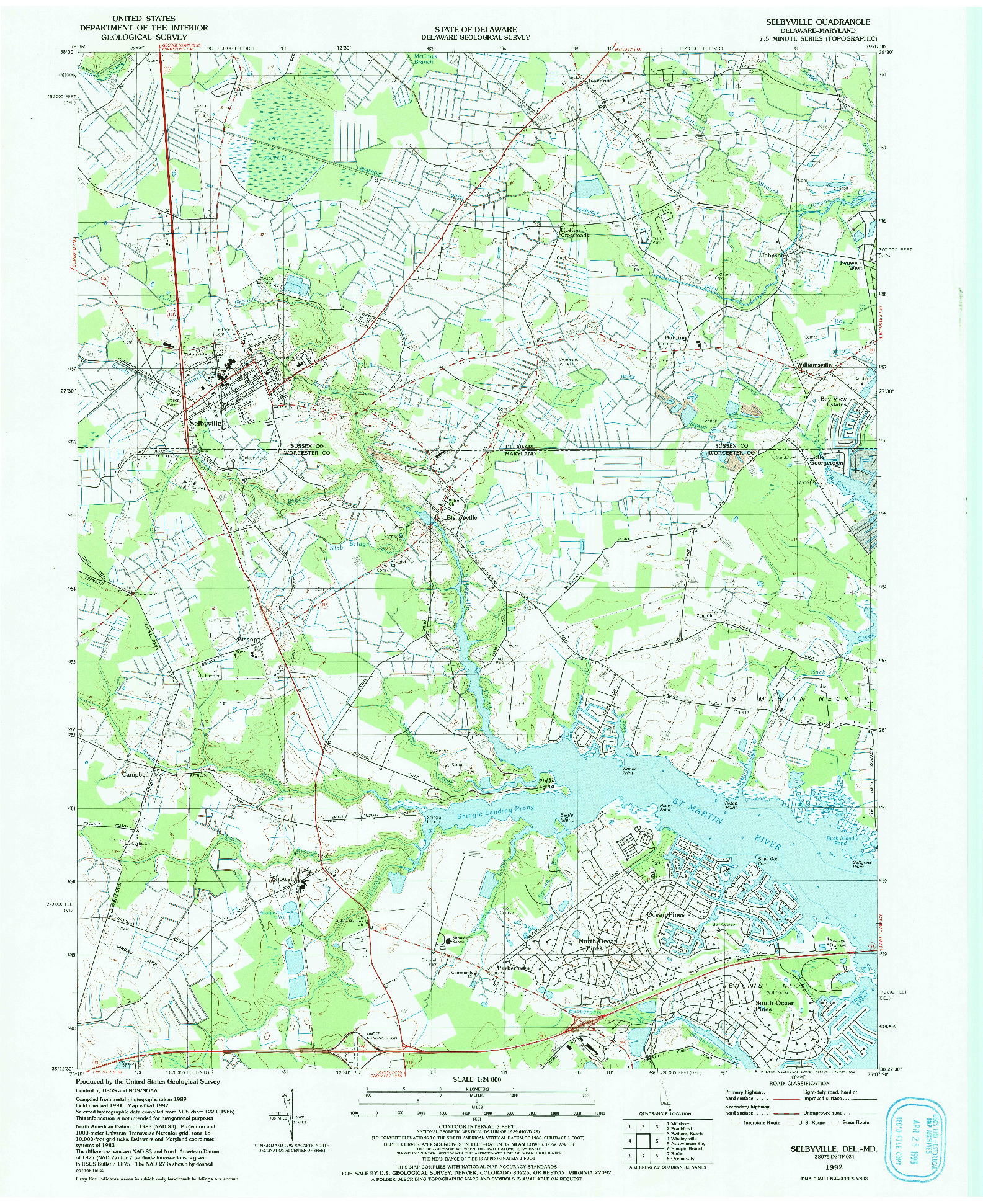 USGS 1:24000-SCALE QUADRANGLE FOR SELBYVILLE, DE 1992