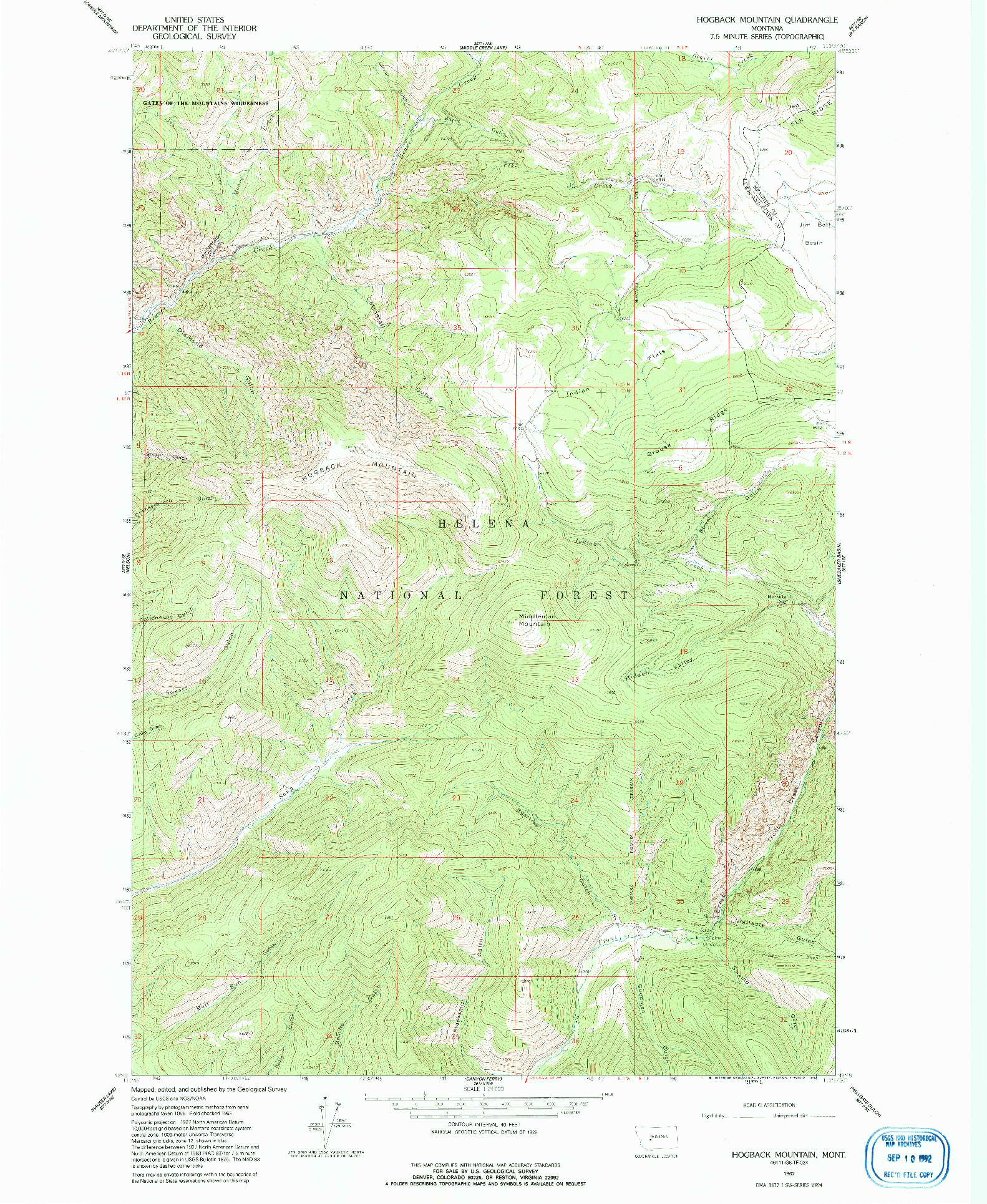 USGS 1:24000-SCALE QUADRANGLE FOR HOGBACK MOUNTAIN, MT 1962