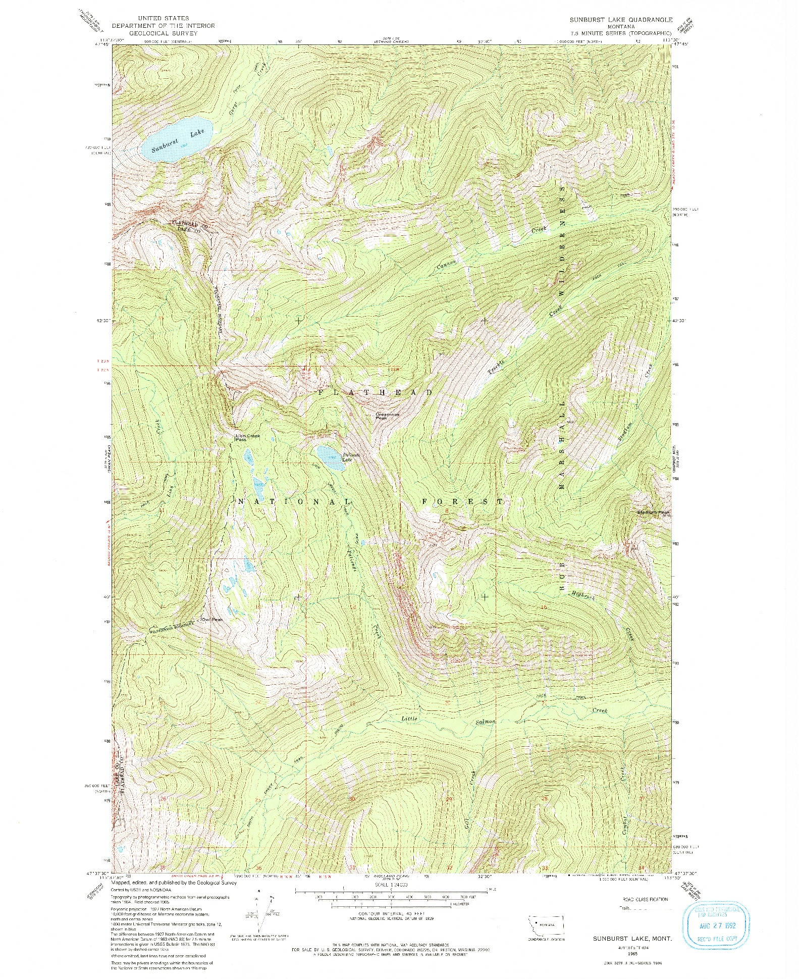 USGS 1:24000-SCALE QUADRANGLE FOR SUNBURST LAKE, MT 1965