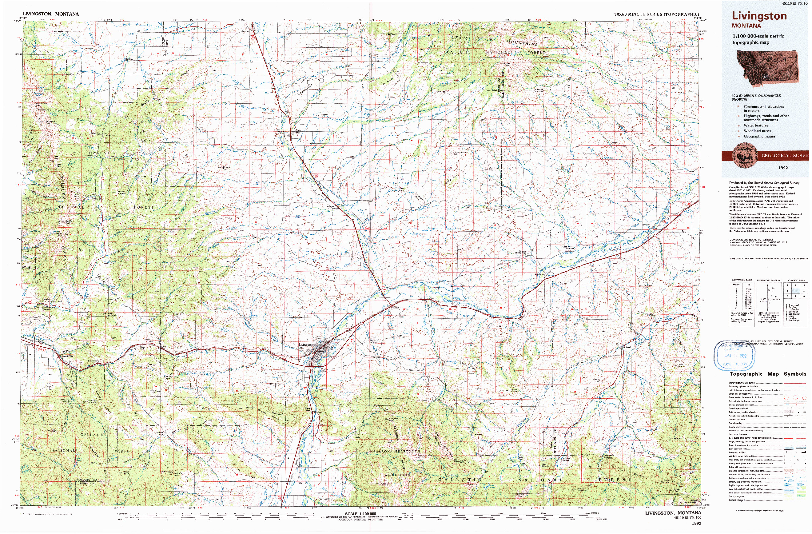 USGS 1:100000-SCALE QUADRANGLE FOR LIVINGSTON, MT 1992