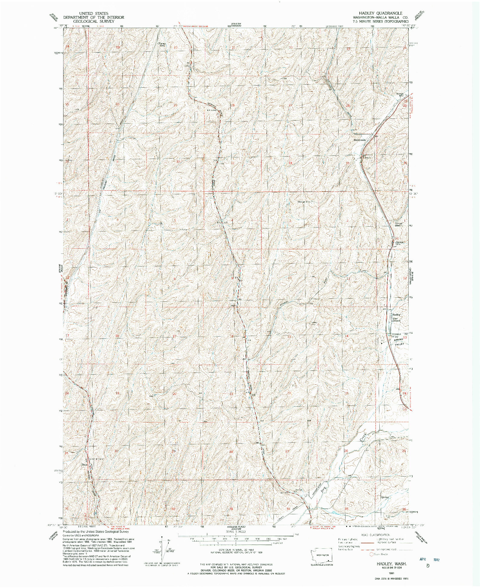 USGS 1:24000-SCALE QUADRANGLE FOR HADLEY, WA 1991
