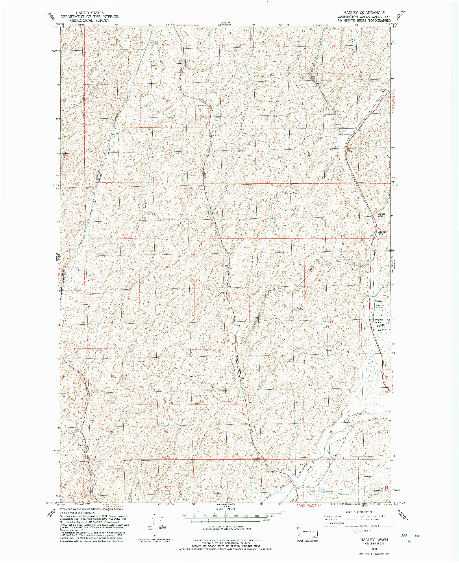 USGS 1:24000-SCALE QUADRANGLE FOR HADLEY, WA 1991