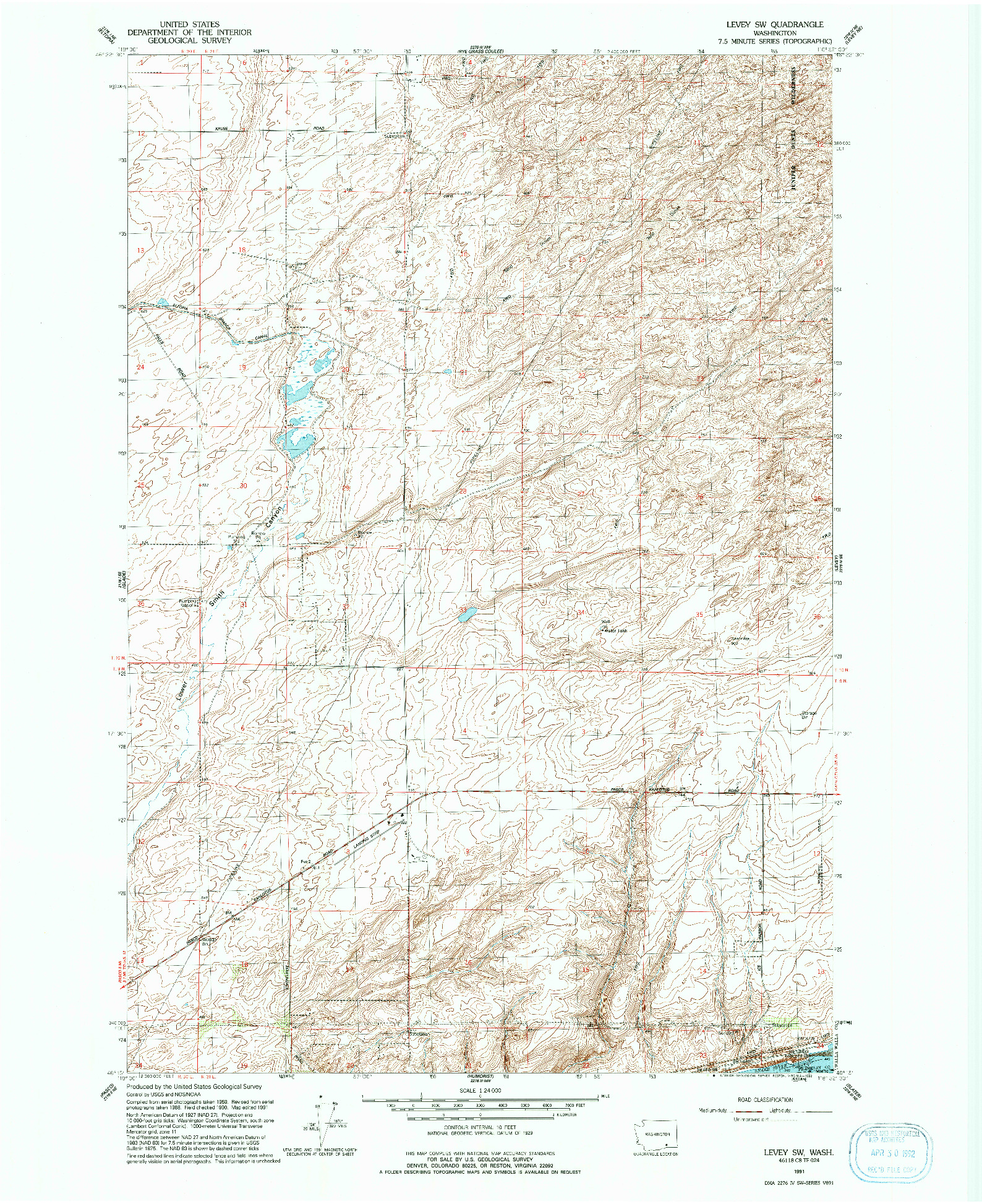 USGS 1:24000-SCALE QUADRANGLE FOR LEVEY SW, WA 1991