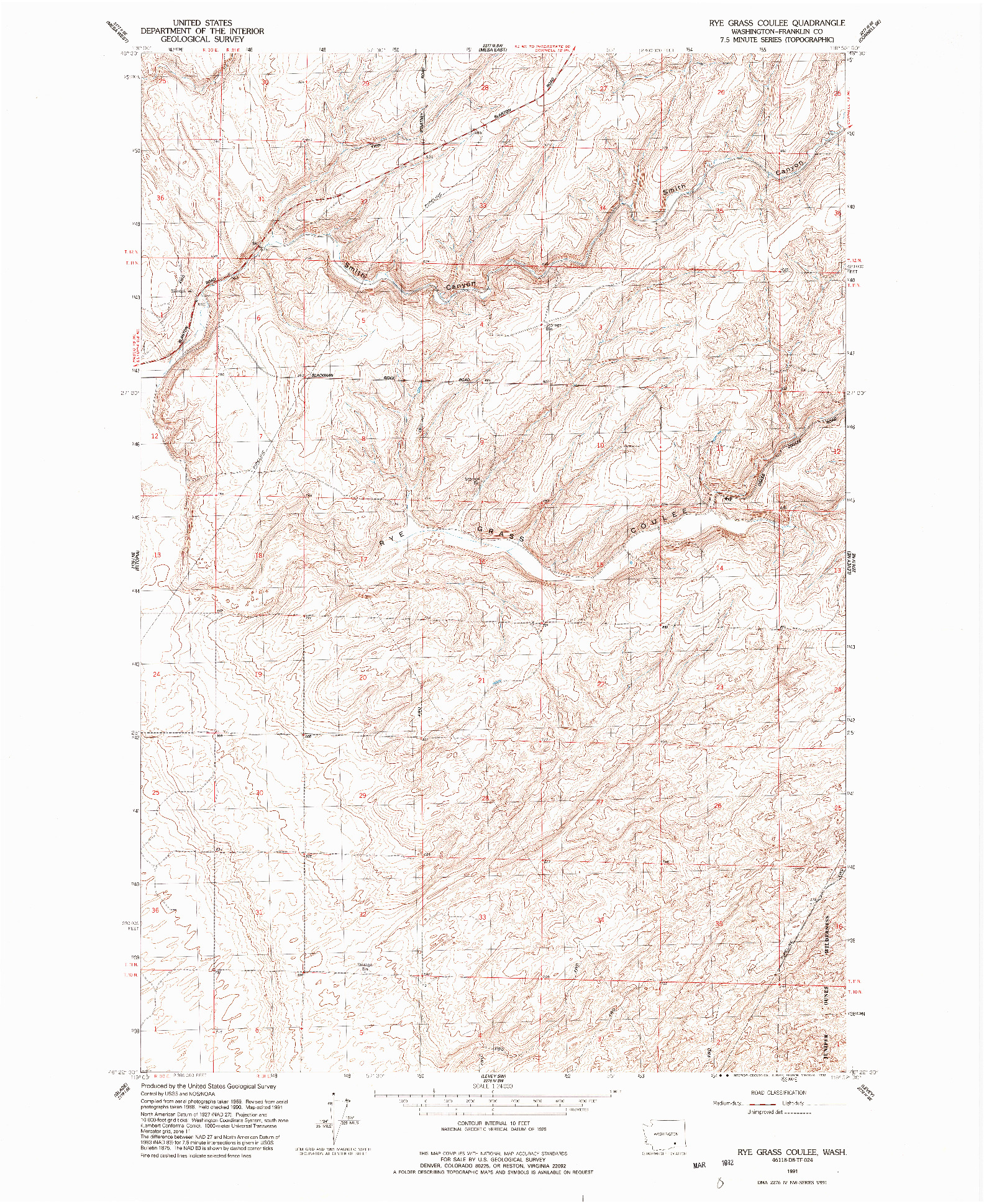 USGS 1:24000-SCALE QUADRANGLE FOR RYE GRASS COULEE, WA 1991